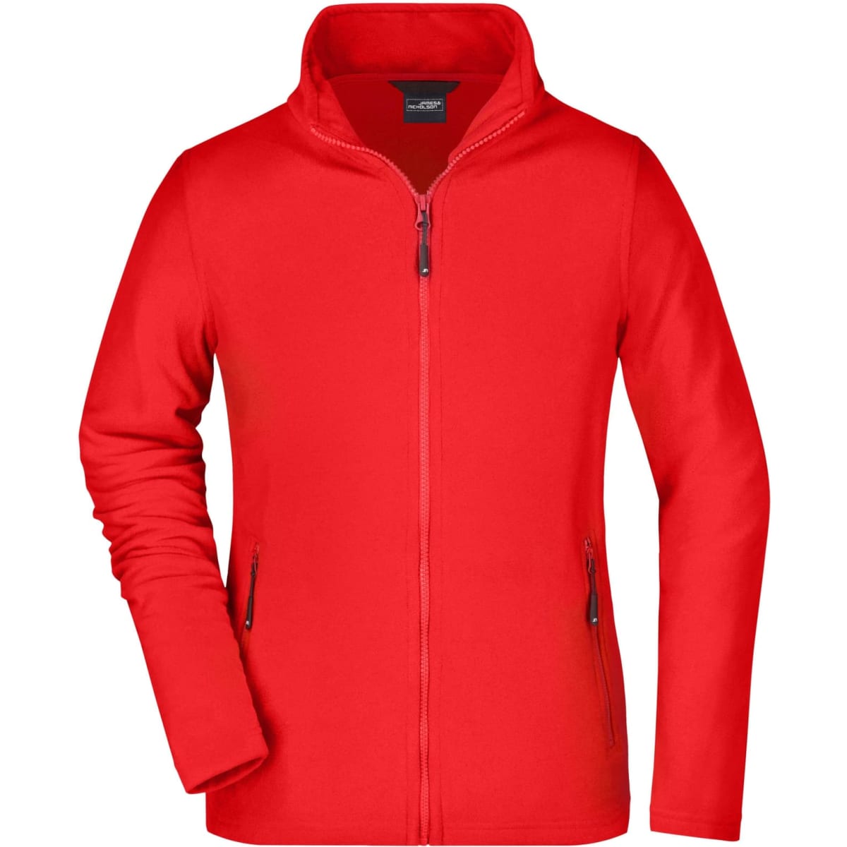 A red polar fleece jacket featuring a full zip and side pockets, with a logo displayed on the front.