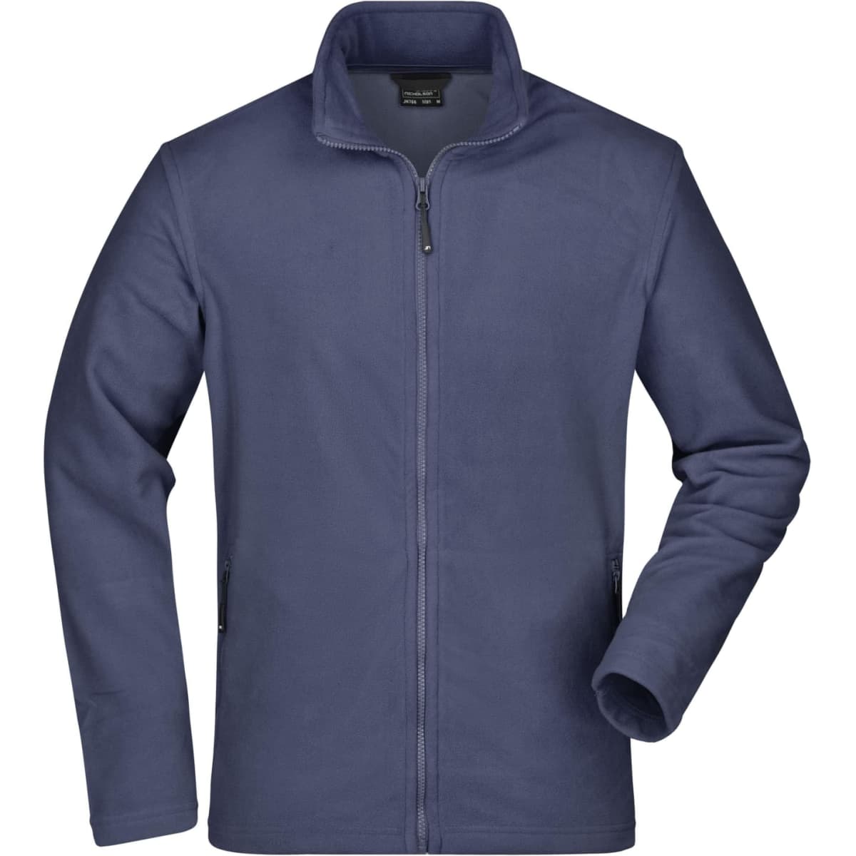 A navy fleece jacket featuring a zip and long sleeves, with side pockets and a collar, includes a logo.