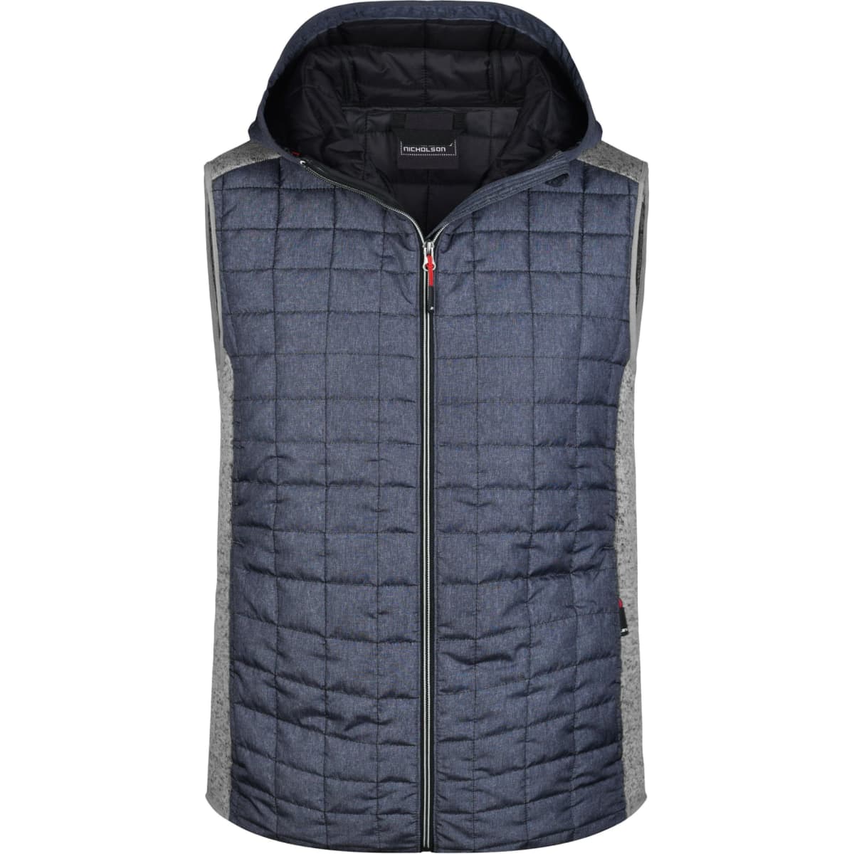 A men's knitted hybrid vest featuring a quilted blue front and grey sides, with a zip and hood. It includes a logo.