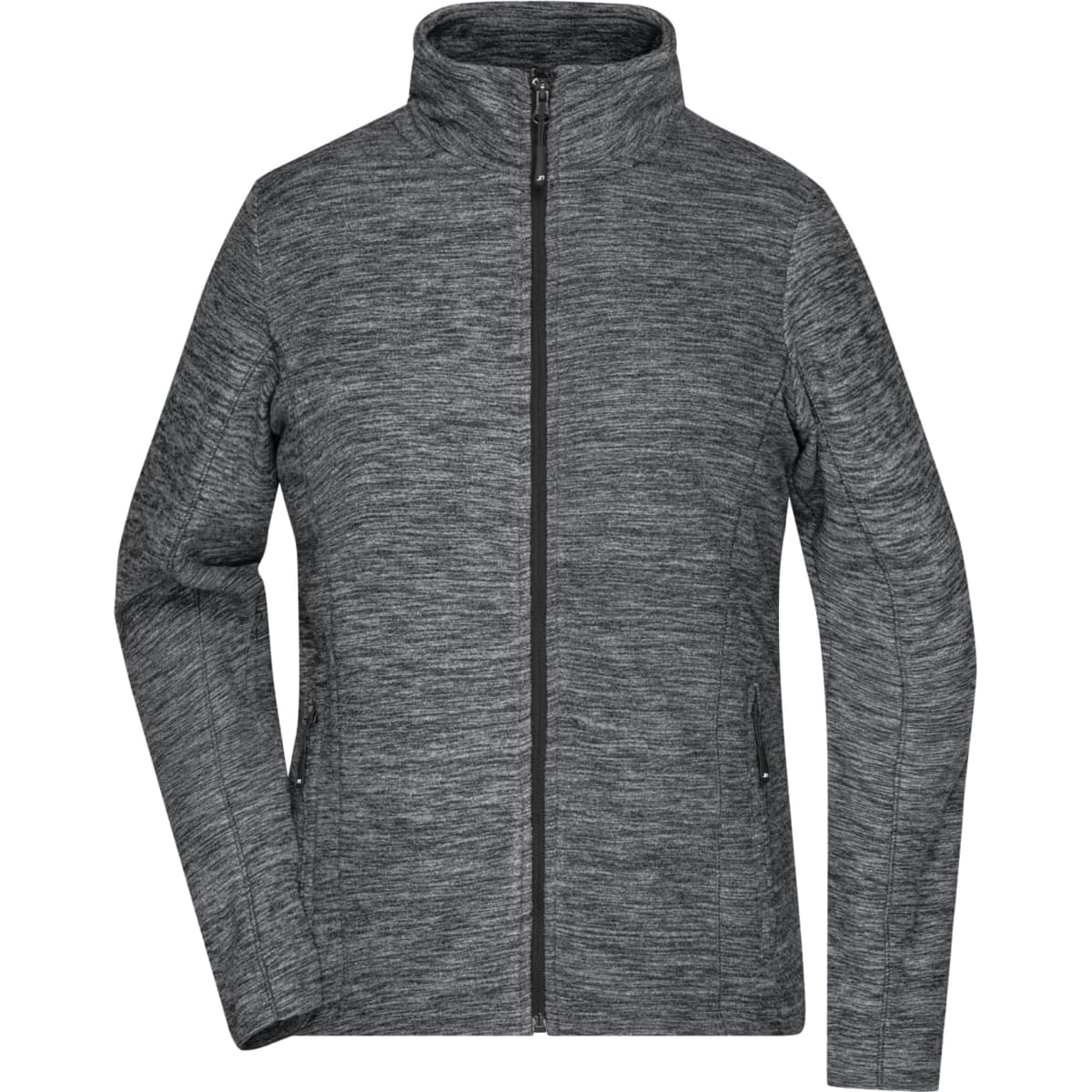 A ladies' polar fleece jacket in a grey marle colour with a full zip and high collar design. Features pockets and a logo.