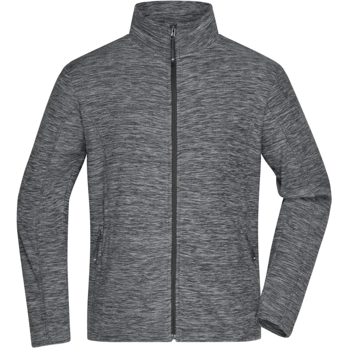 A men's fleece jacket in a dark grey, featuring a full zip and a collar, with side pockets.