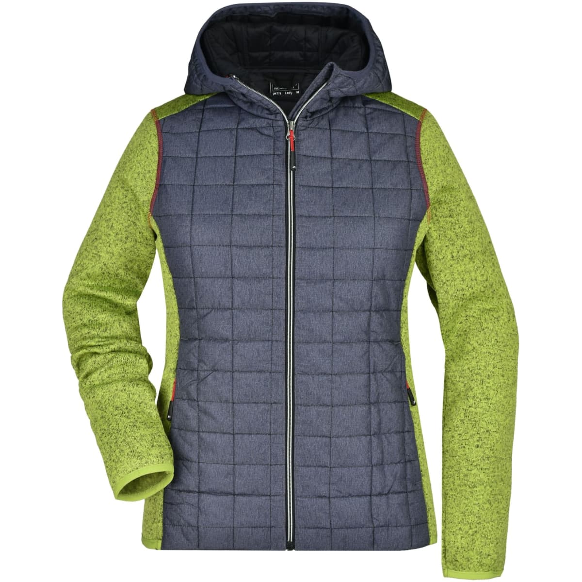 A women's hybrid jacket featuring a quilted navy body and bright green sleeves, with a hood and a zip front.