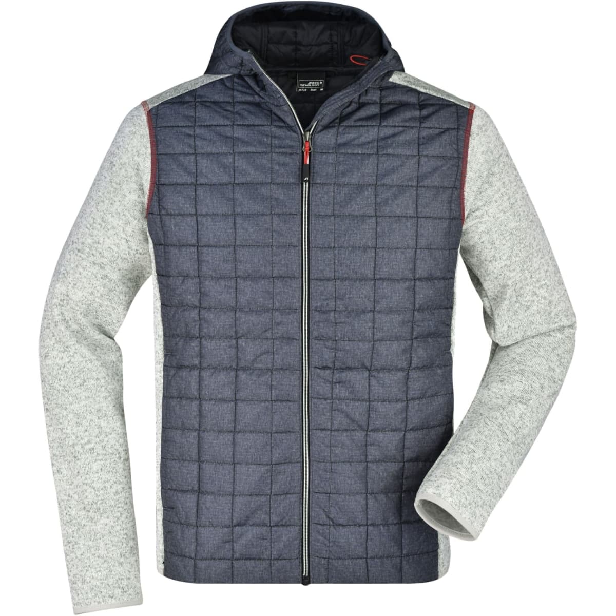 A men's knitted hybrid jacket featuring grey sleeves and a navy quilted body, with a hood and a zipped front.