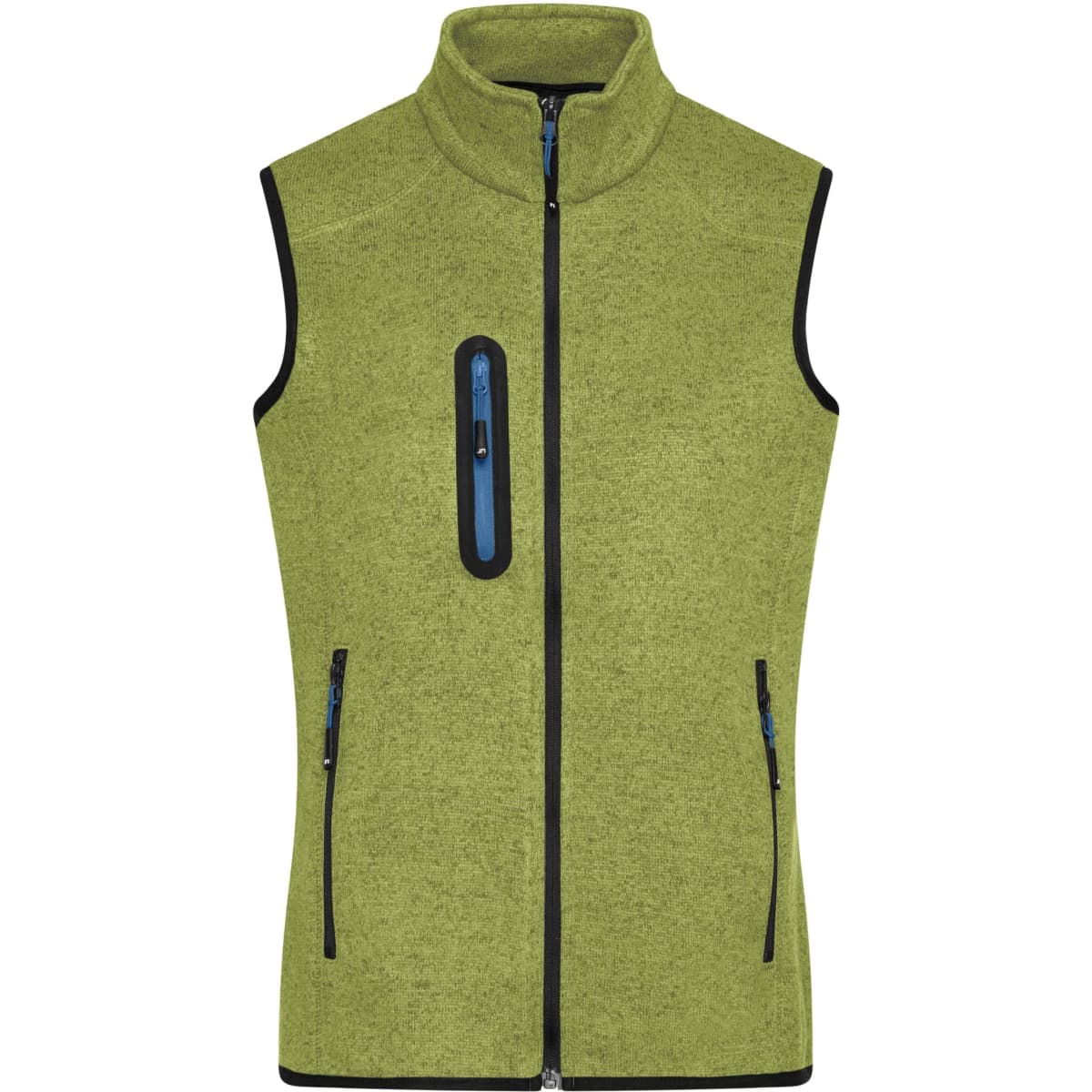 A ladies' knitted fleece vest in vibrant green with three zippered pockets and a high collar. It features a logo.