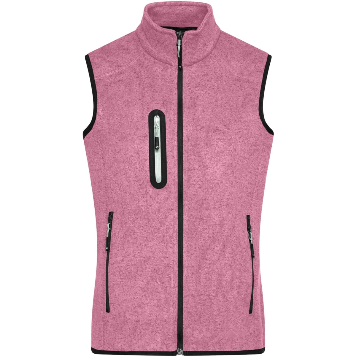 A pink knitted fleece vest featuring a high collar and zippered pockets, with contrasting black details.