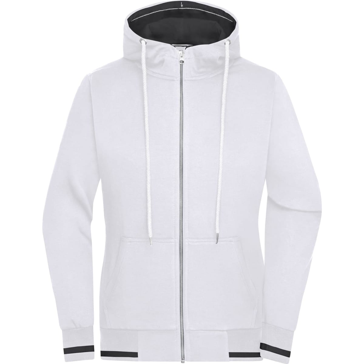 A white track jacket with a hood, featuring a zip front and contrasting black detailing, includes a logo.