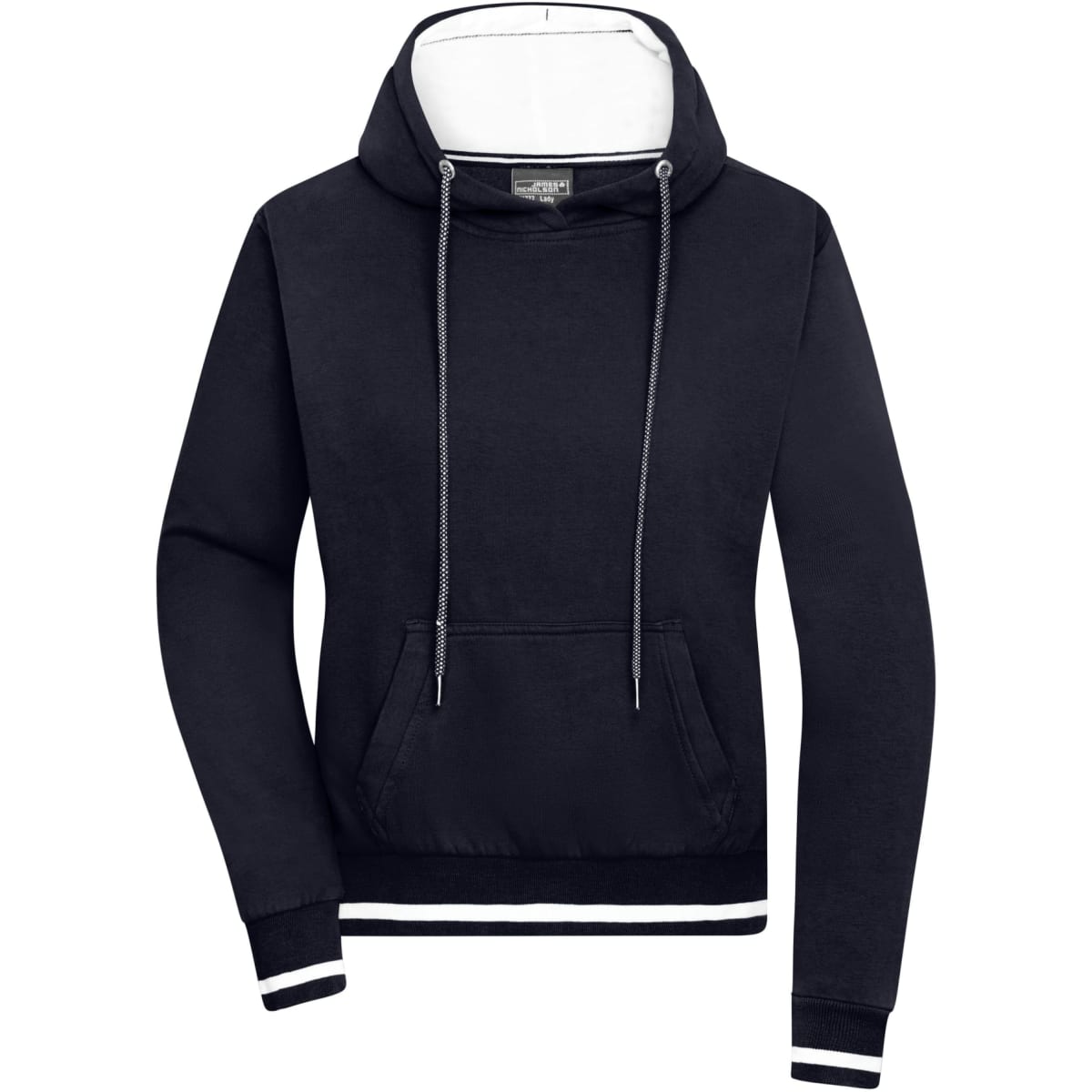 A navy ladies' hoodie featuring a front pocket, drawstring hood, and contrasting interior. Includes a logo.