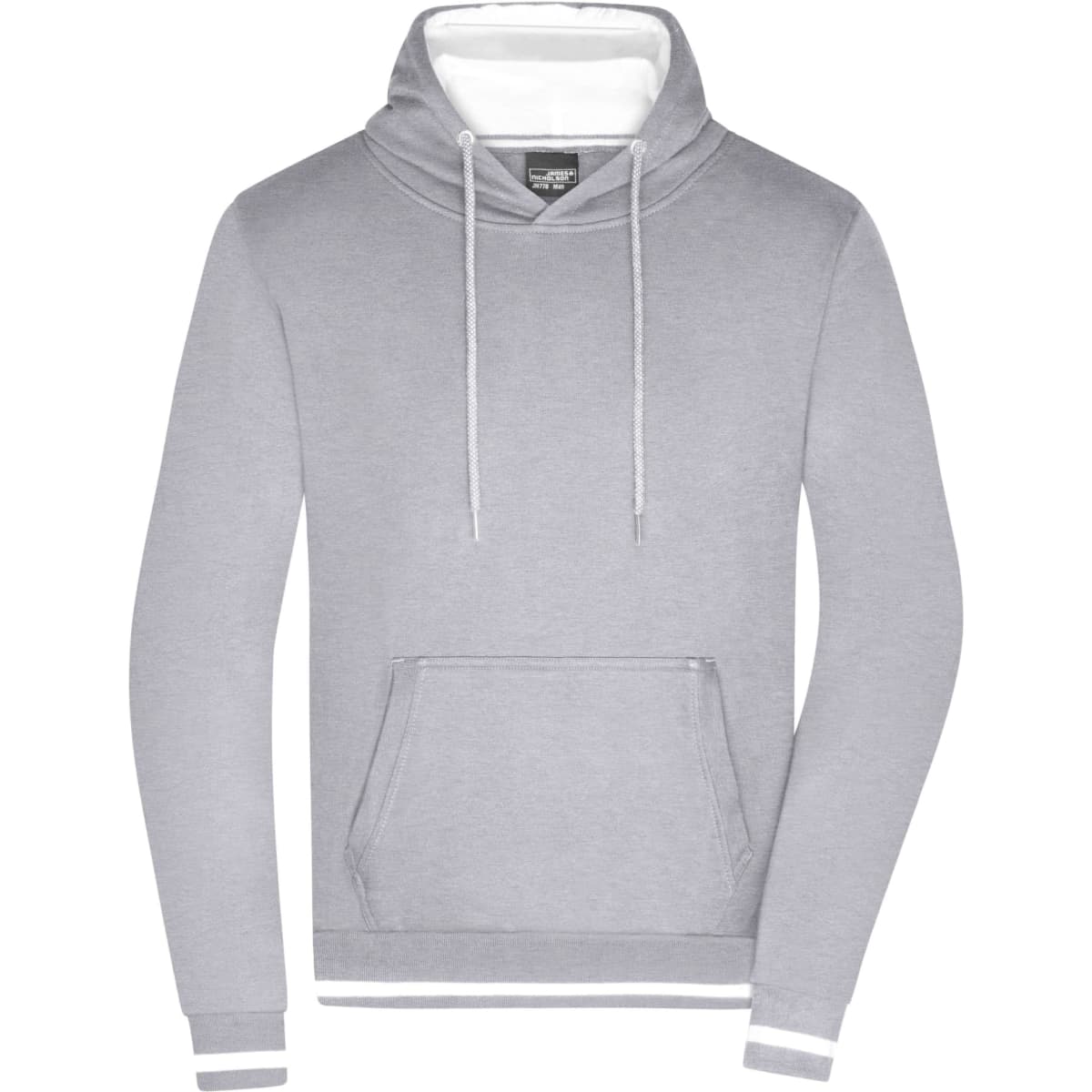 A grey men's hoodie with a white interior, a front pocket, and a drawstring hood. It features a logo.