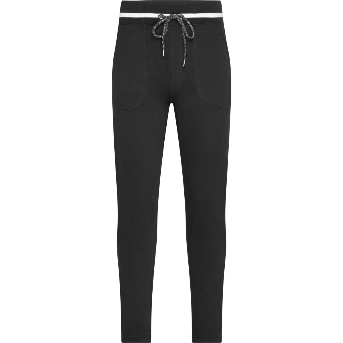 Black men's jog-pants with a drawstring waistband and two front pockets, featuring a branding logo.