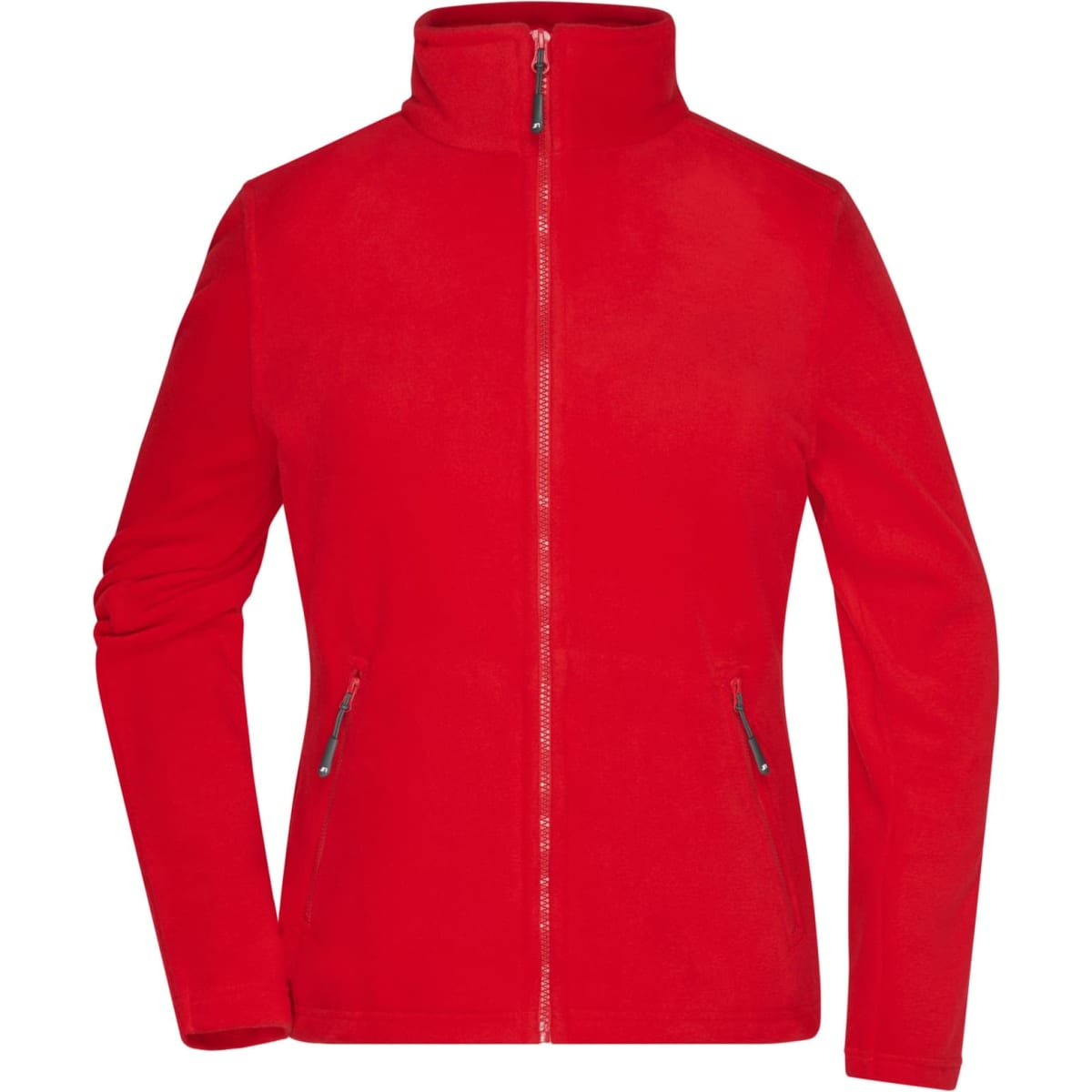 A red polar fleece jacket with a high collar and zippered front, featuring side pockets and a logo.