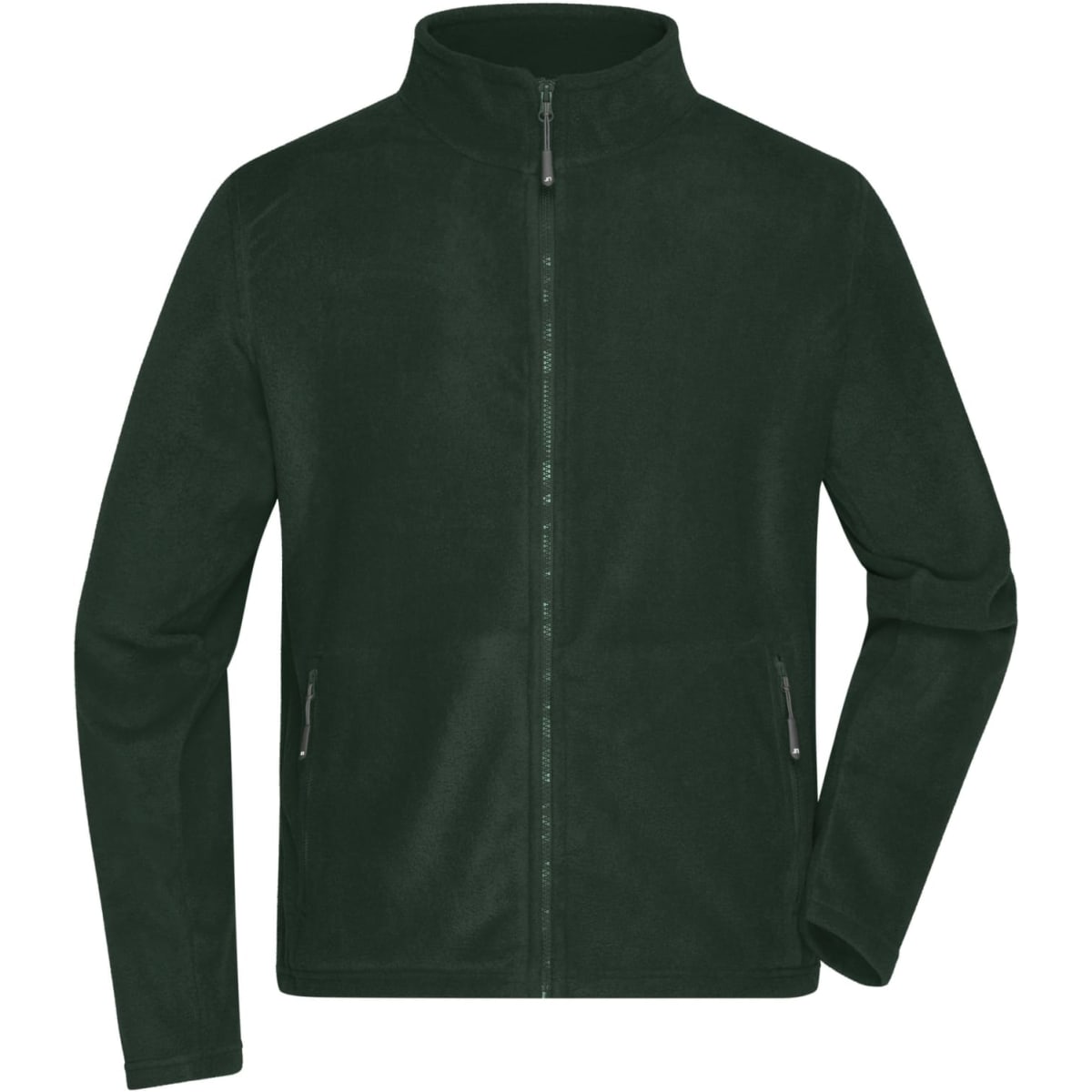 A men's polar fleece jacket in dark green, featuring a zip front and side pockets, with branding on the jacket.