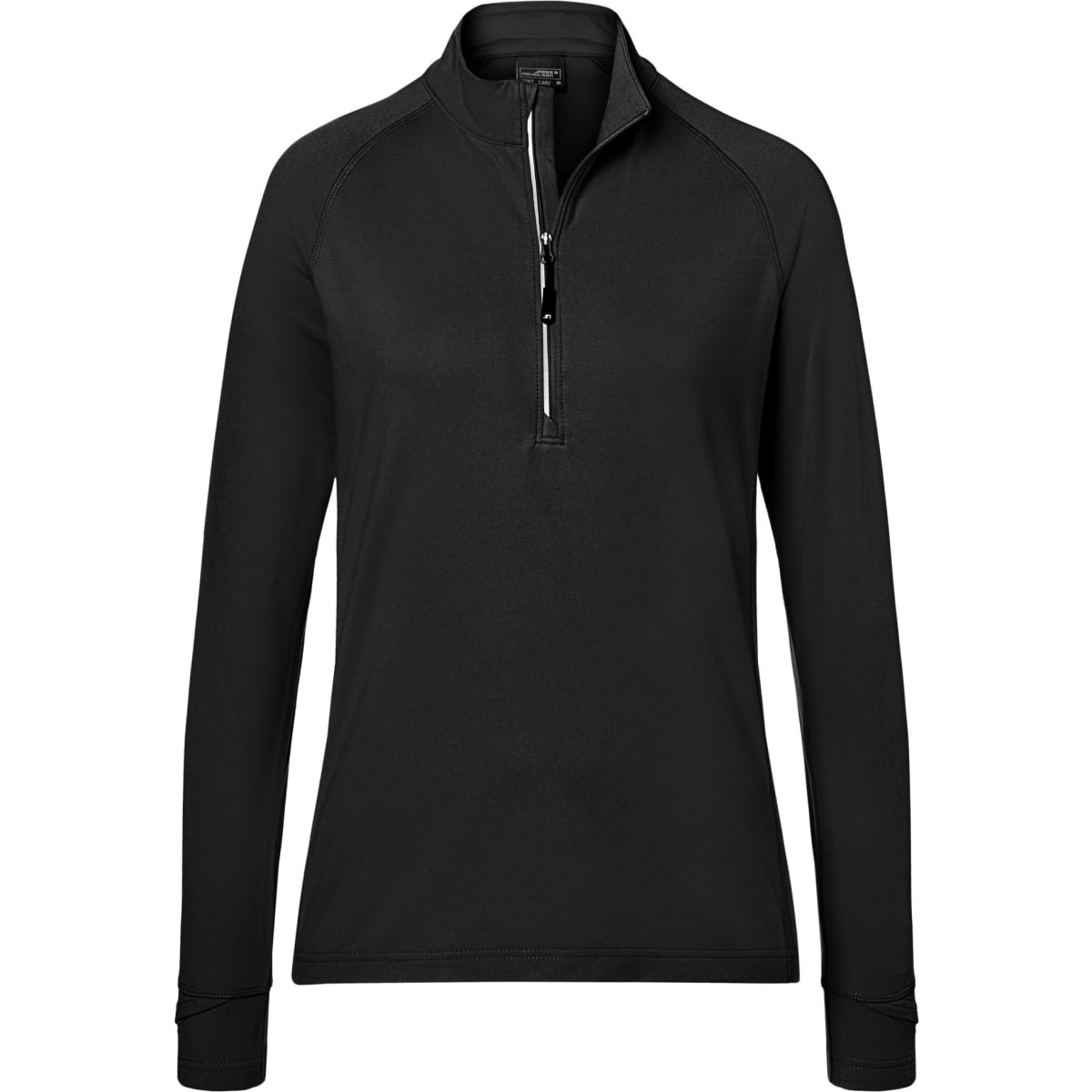 A black ladies' sports shirt with a half-zip design, featuring long sleeves and a subtle logo.