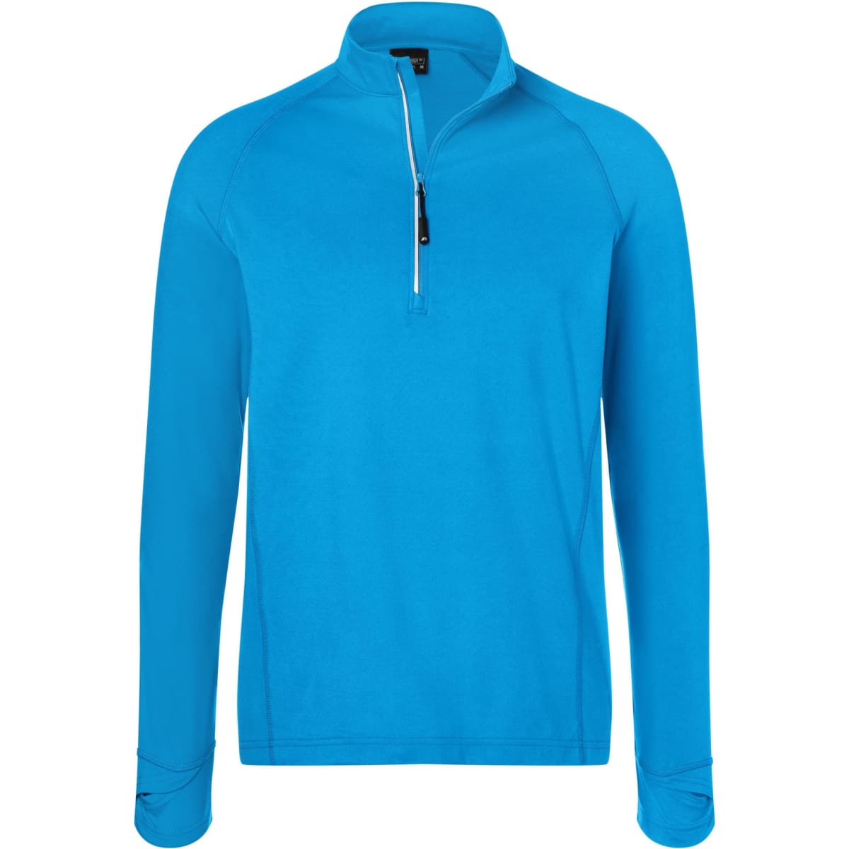 A blue half-zip sports shirt with long sleeves and a zippered collar, featuring a logo.