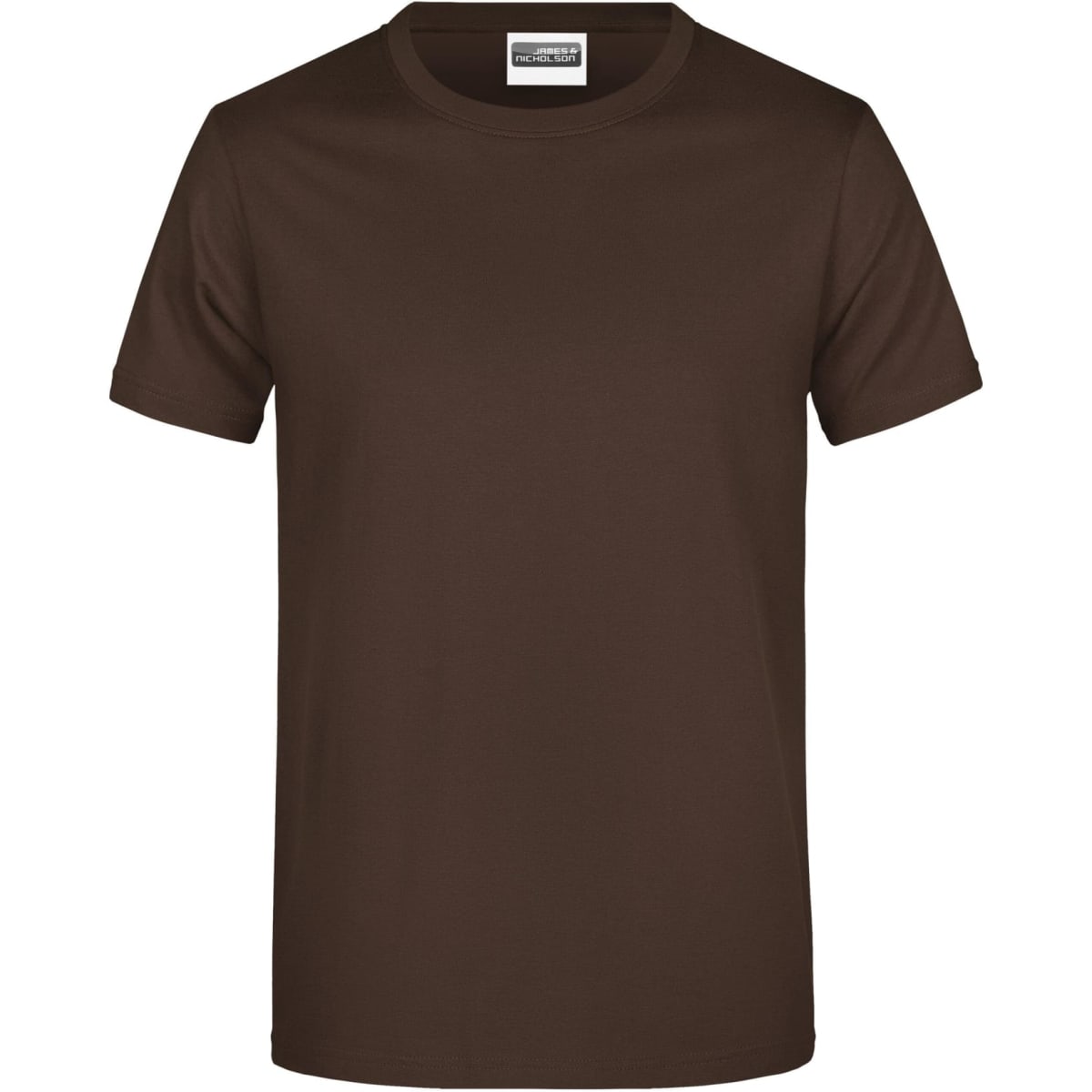 A brown T-shirt with a round neckline and short sleeves, featuring a label at the collar and a logo.