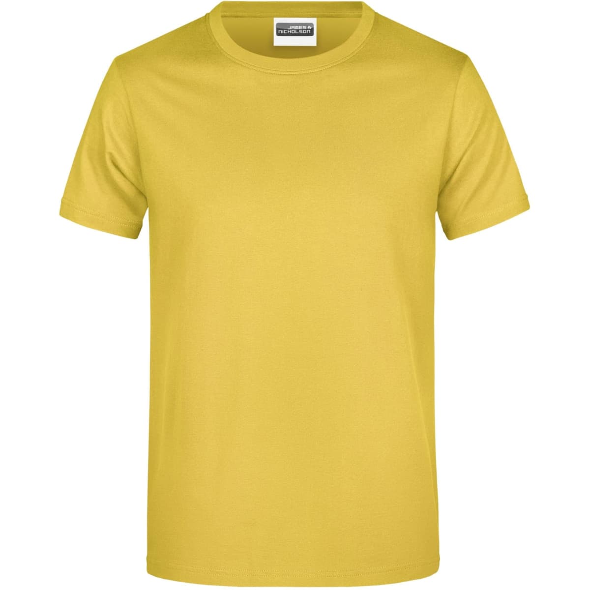A yellow T-shirt with short sleeves and a round neckline, featuring a label on the inside.