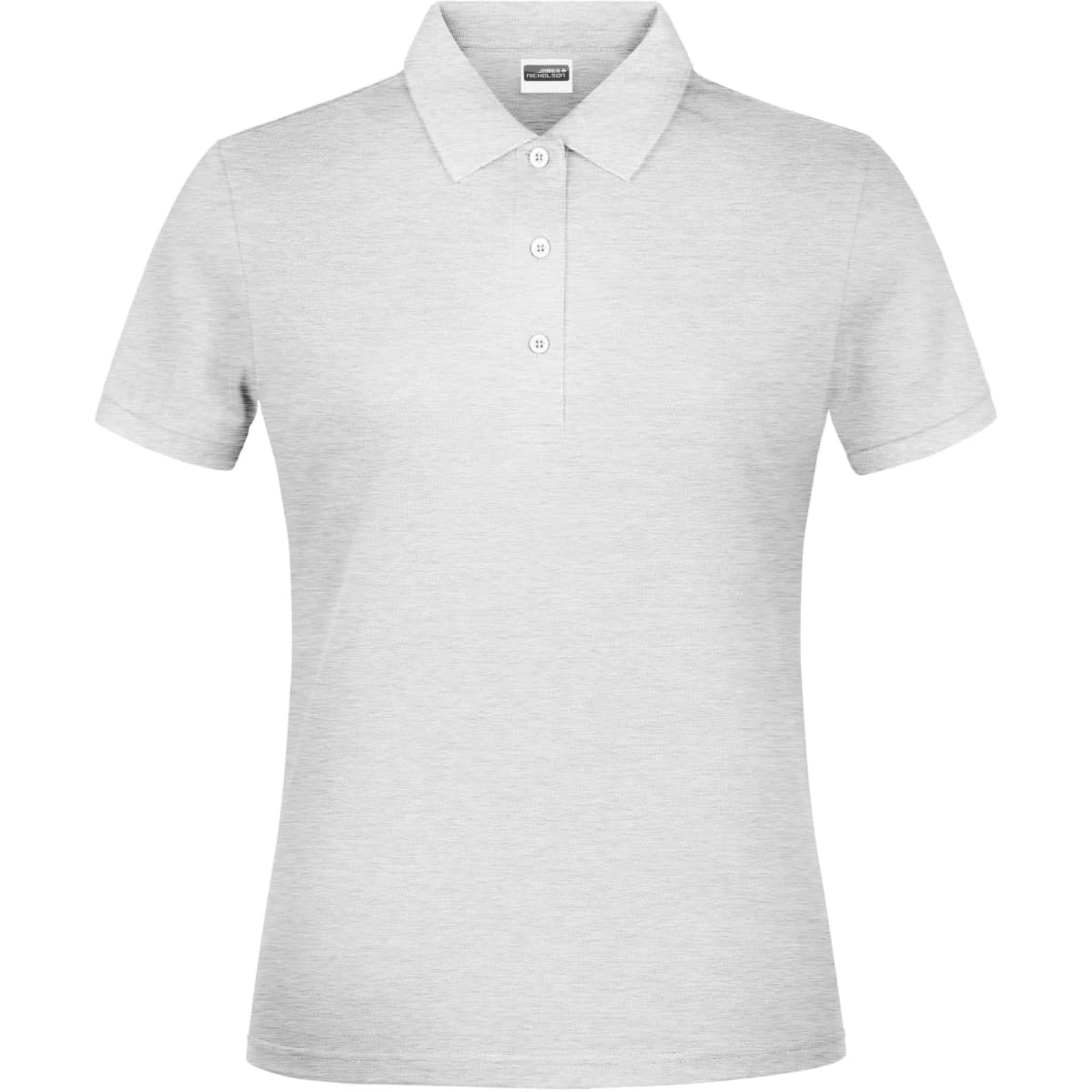 A grey polo shirt for women with a classic collar and three-button placket, featuring a logo.