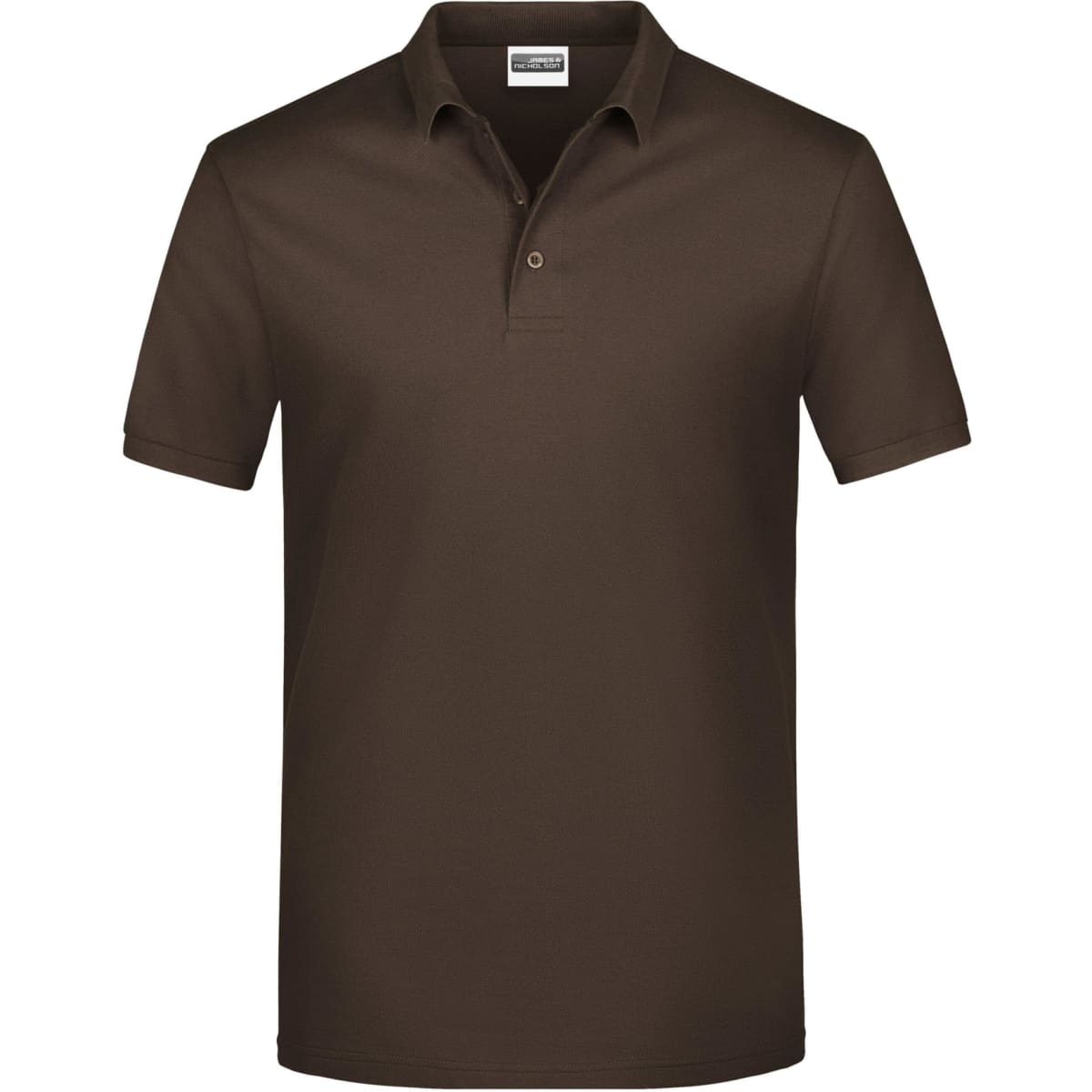 A brown polo shirt with a collar and three buttons, featuring a logo on the chest.