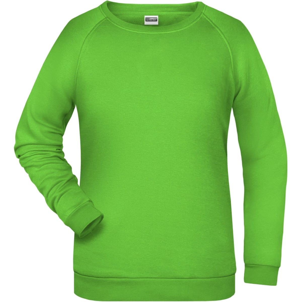 A vibrant green sweatshirt with a crew neck and long sleeves, featuring a logo on the front.