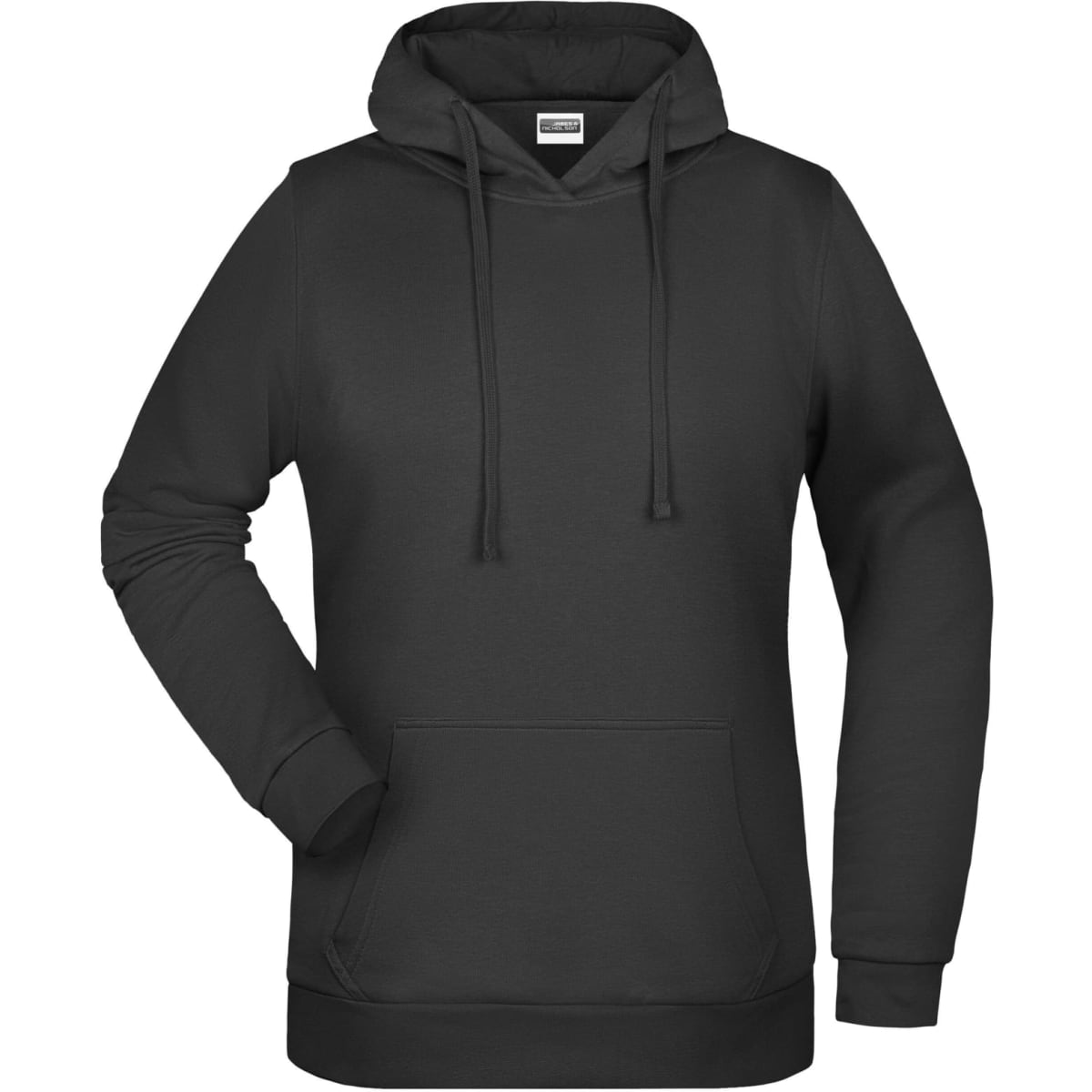 A black hoodie with a front pocket and adjustable drawstring hood, featuring a logo on the chest.