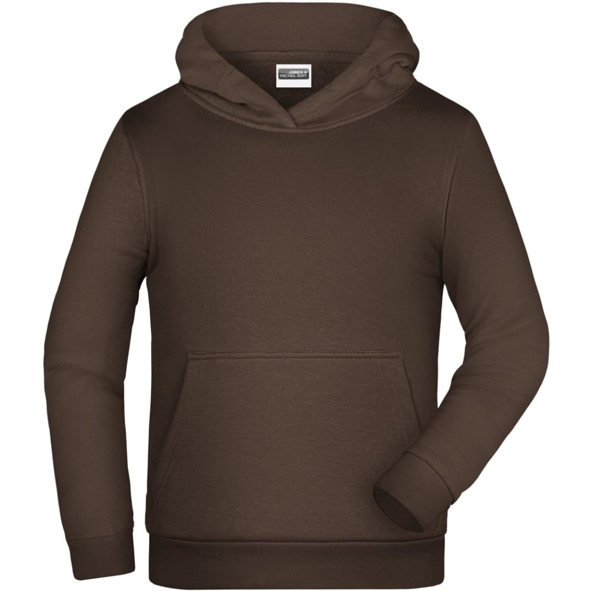 A brown children's hoodie featuring a front pocket and a hood, with a logo on the label.