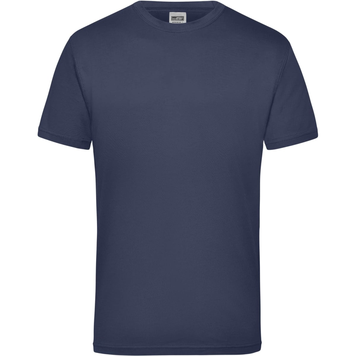 A navy blue work T-shirt featuring short sleeves and a round neckline, with a logo on the label.