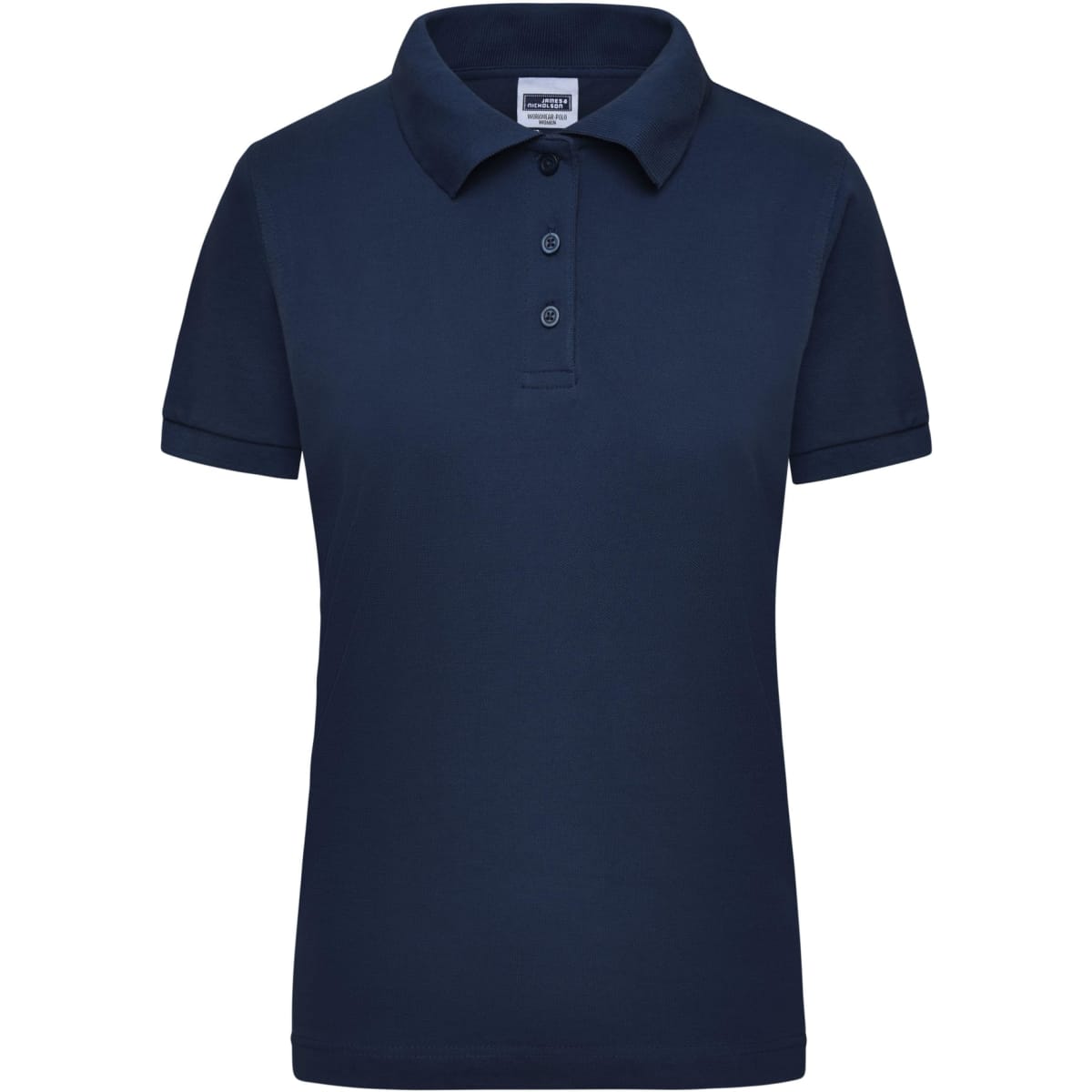 A navy blue women's polo shirt with a collar and three buttons, featuring a logo.
