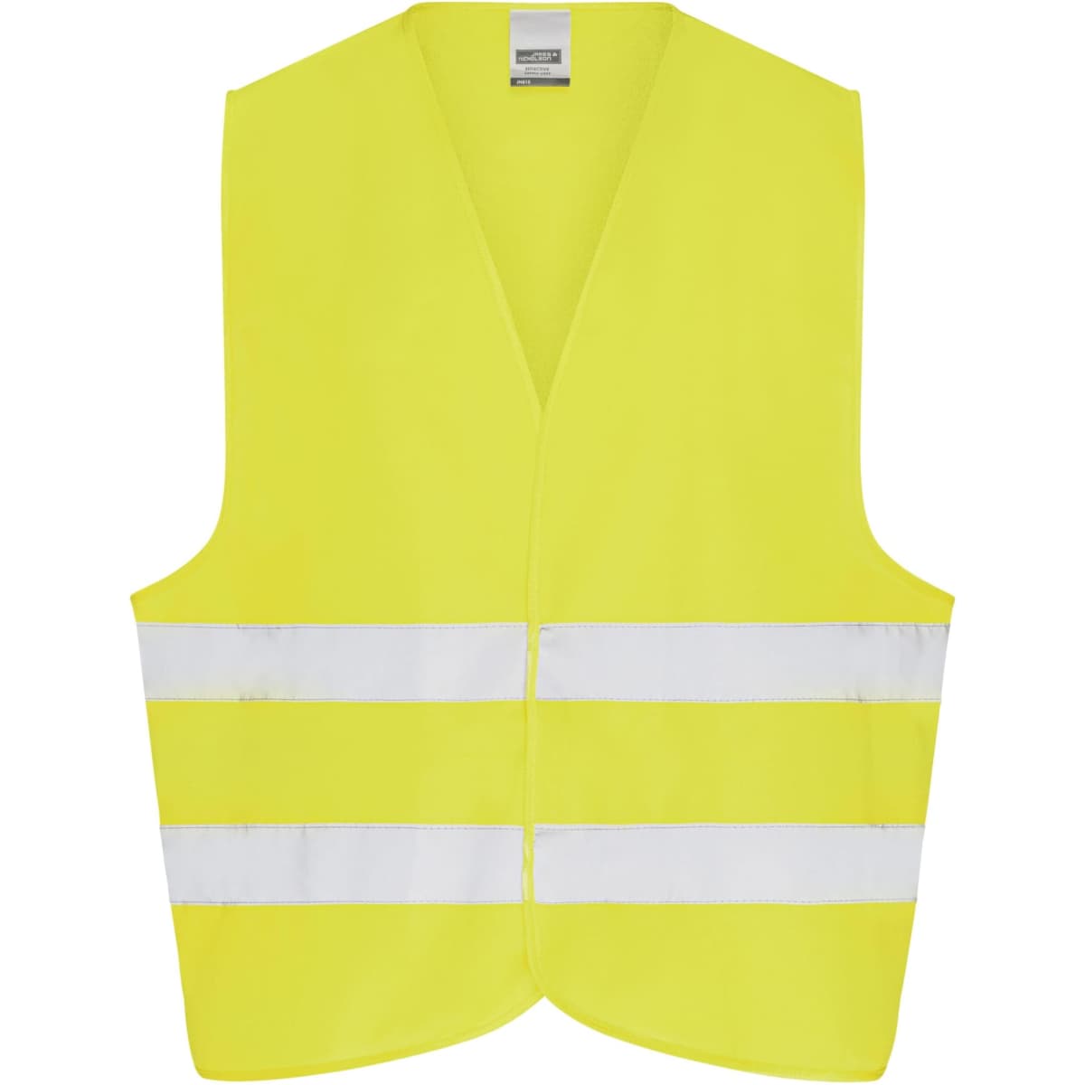 A bright yellow safety vest with reflective white strips, designed for adult use. It features a simple, sleeveless design.