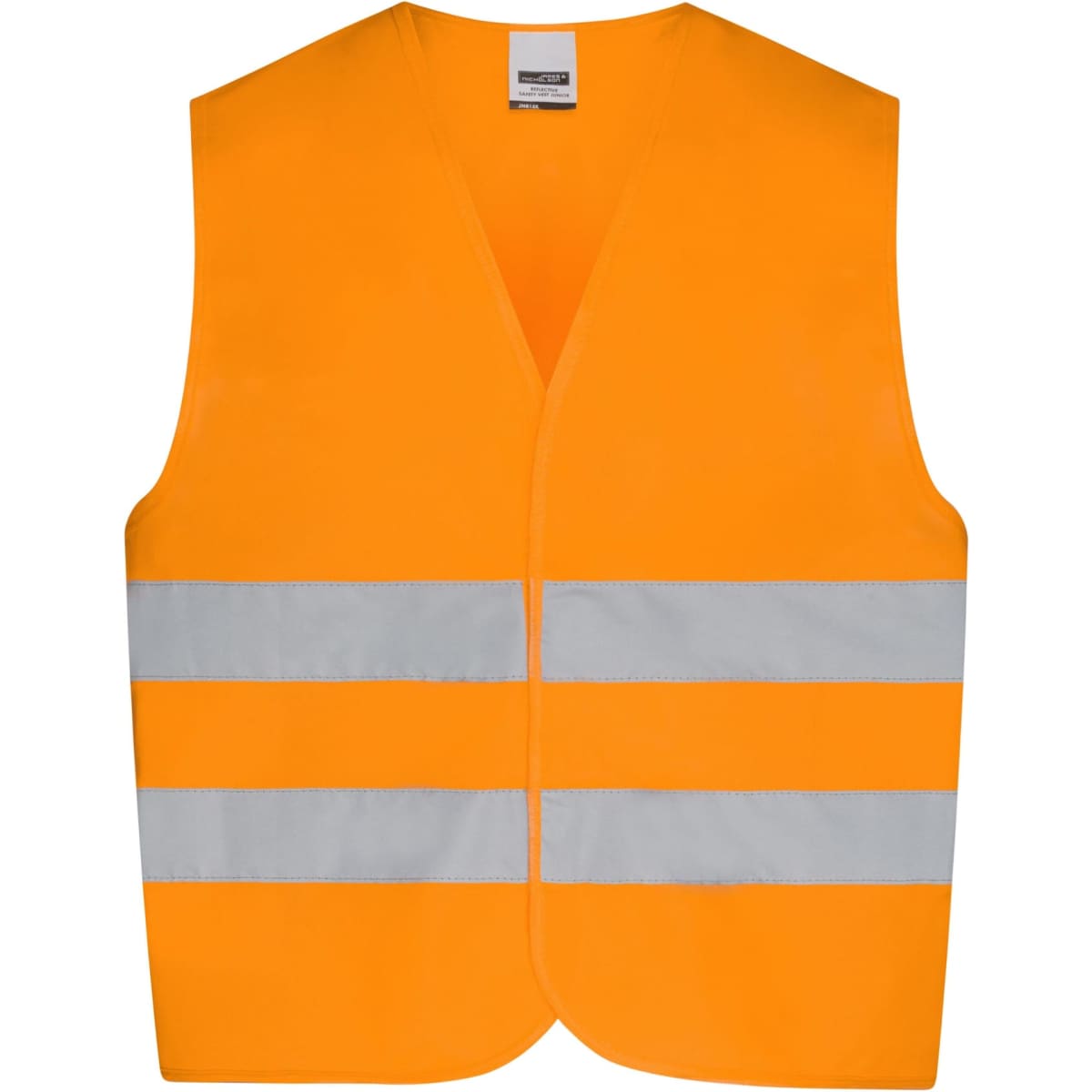 An orange safety vest with reflective silver stripes and a logo on the upper section. Suitable for kids' safety wear.