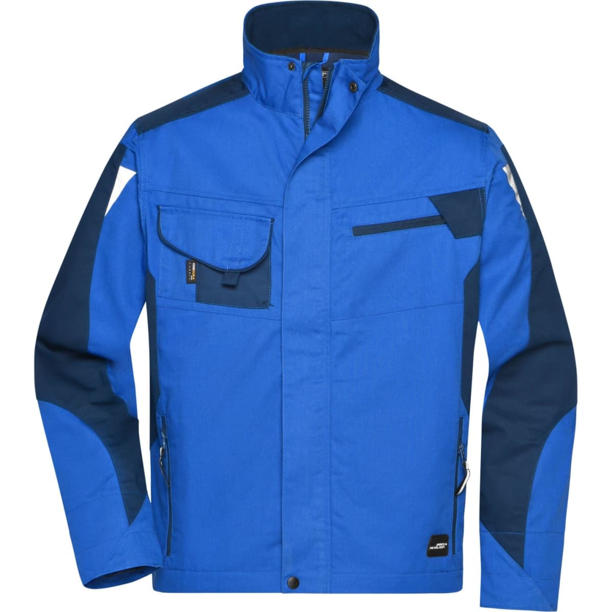 A blue and navy workwear jacket featuring various pockets and a collar, with a logo on it.