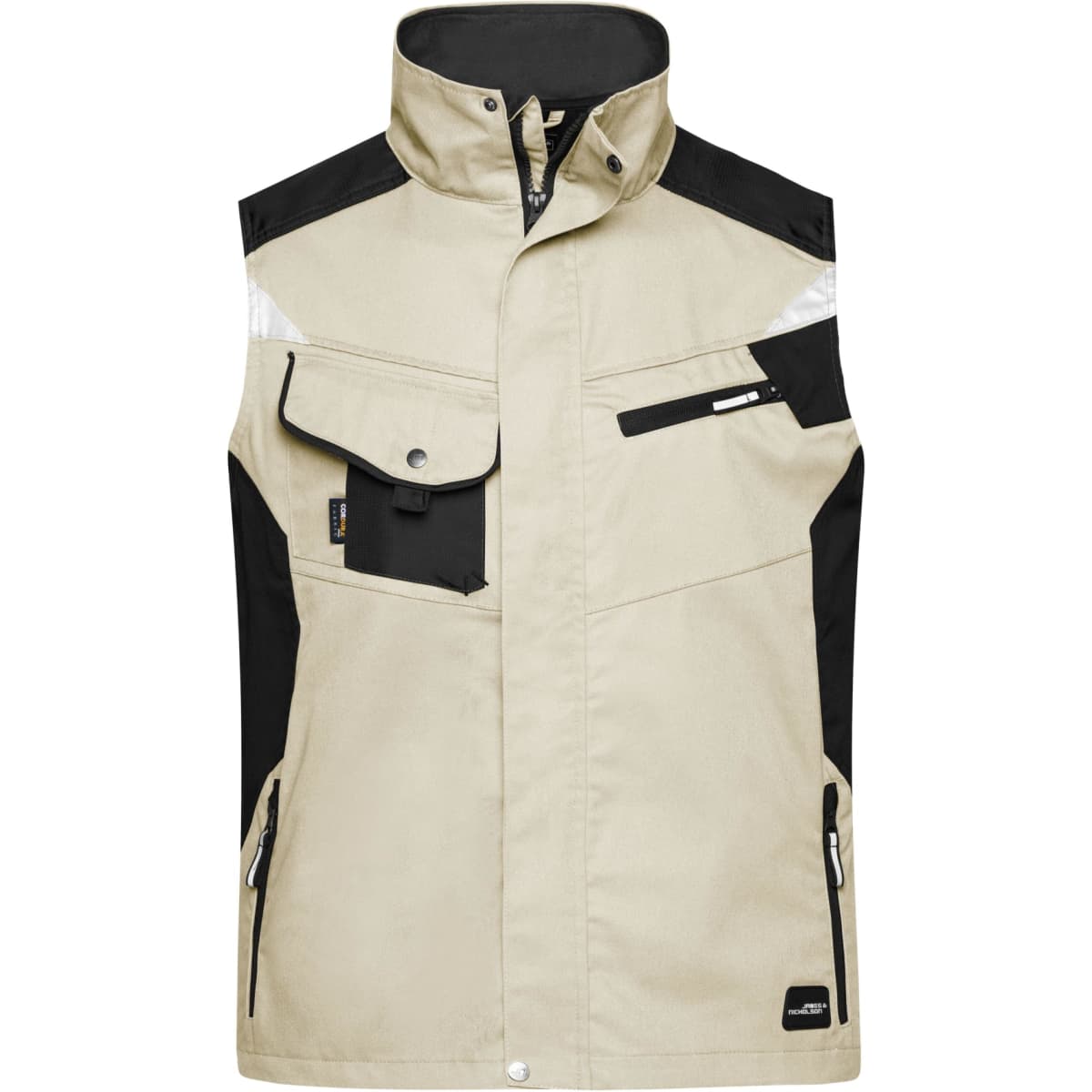 A beige and black work vest featuring multiple pockets and reflective elements, with a logo on it.
