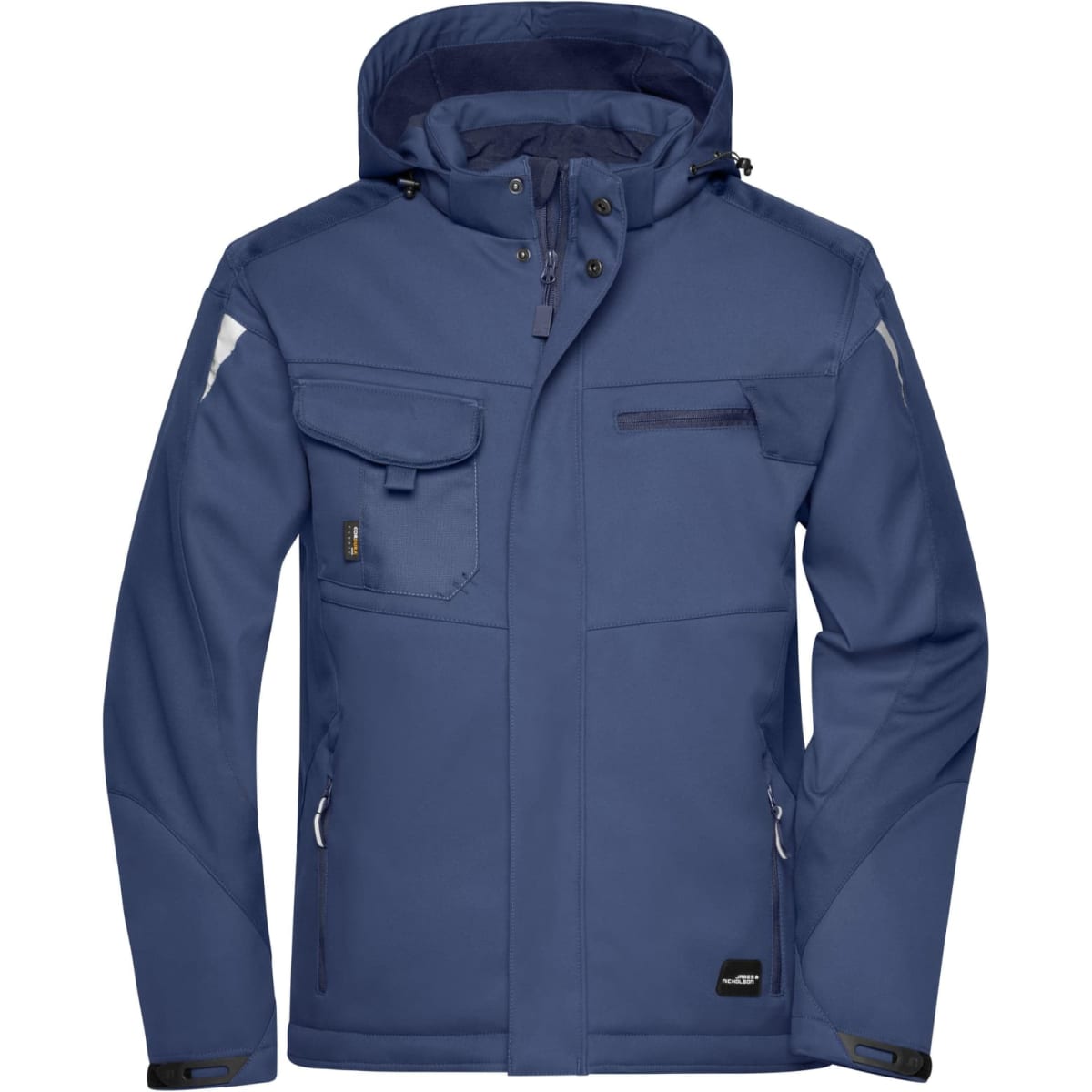 A navy softshell jacket featuring multiple pockets and a hood, with a logo on the front.