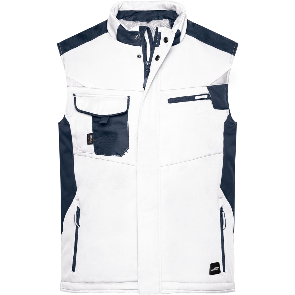 A white and navy softshell vest featuring multiple pockets and a branding logo on the lower right.
