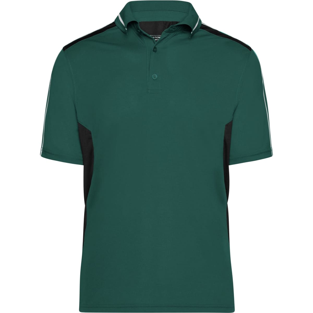 A green polo shirt featuring black side panels and a collar, with a logo on the front.