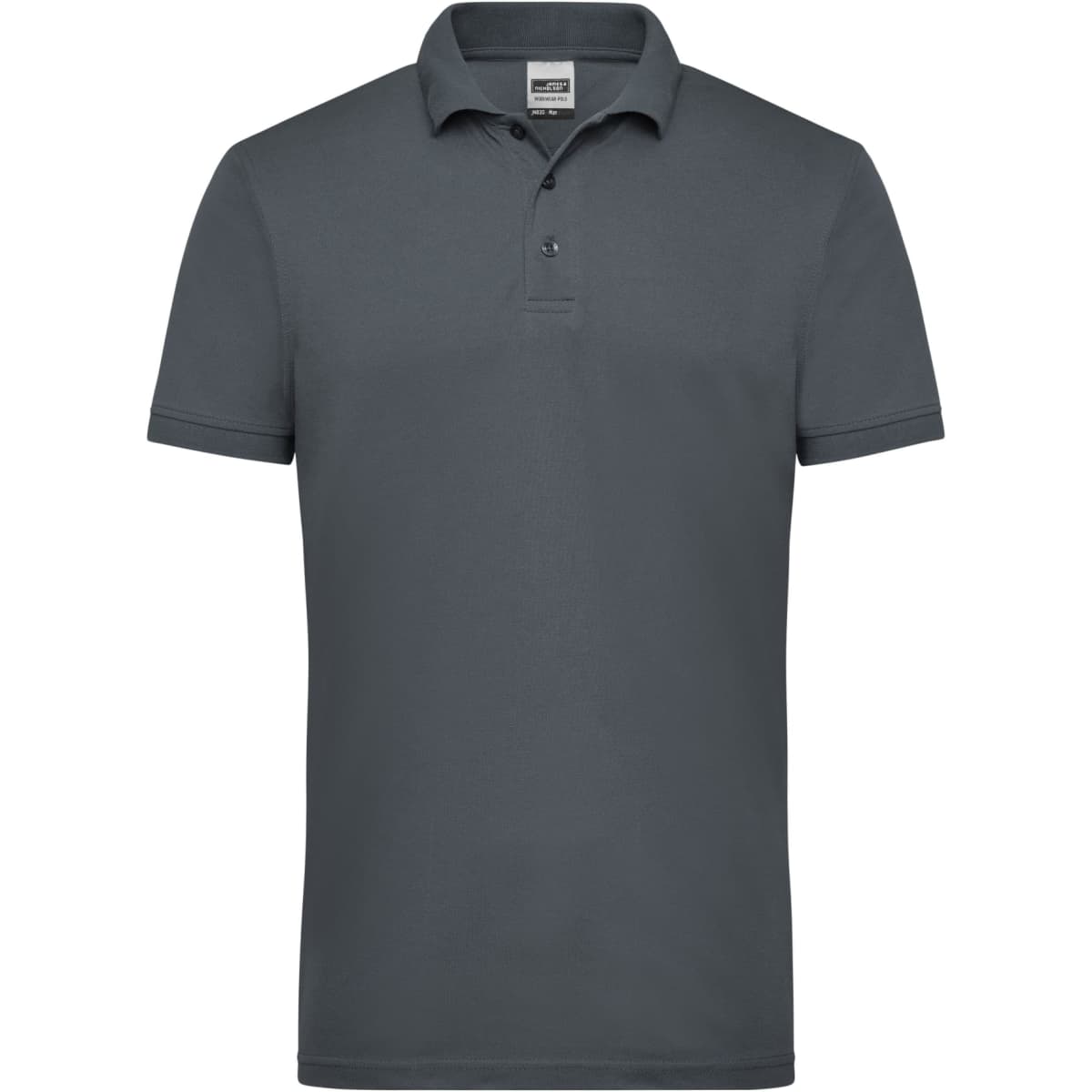 A grey men's work polo shirt featuring a classic collar and three-button placket. It has a logo on the chest.