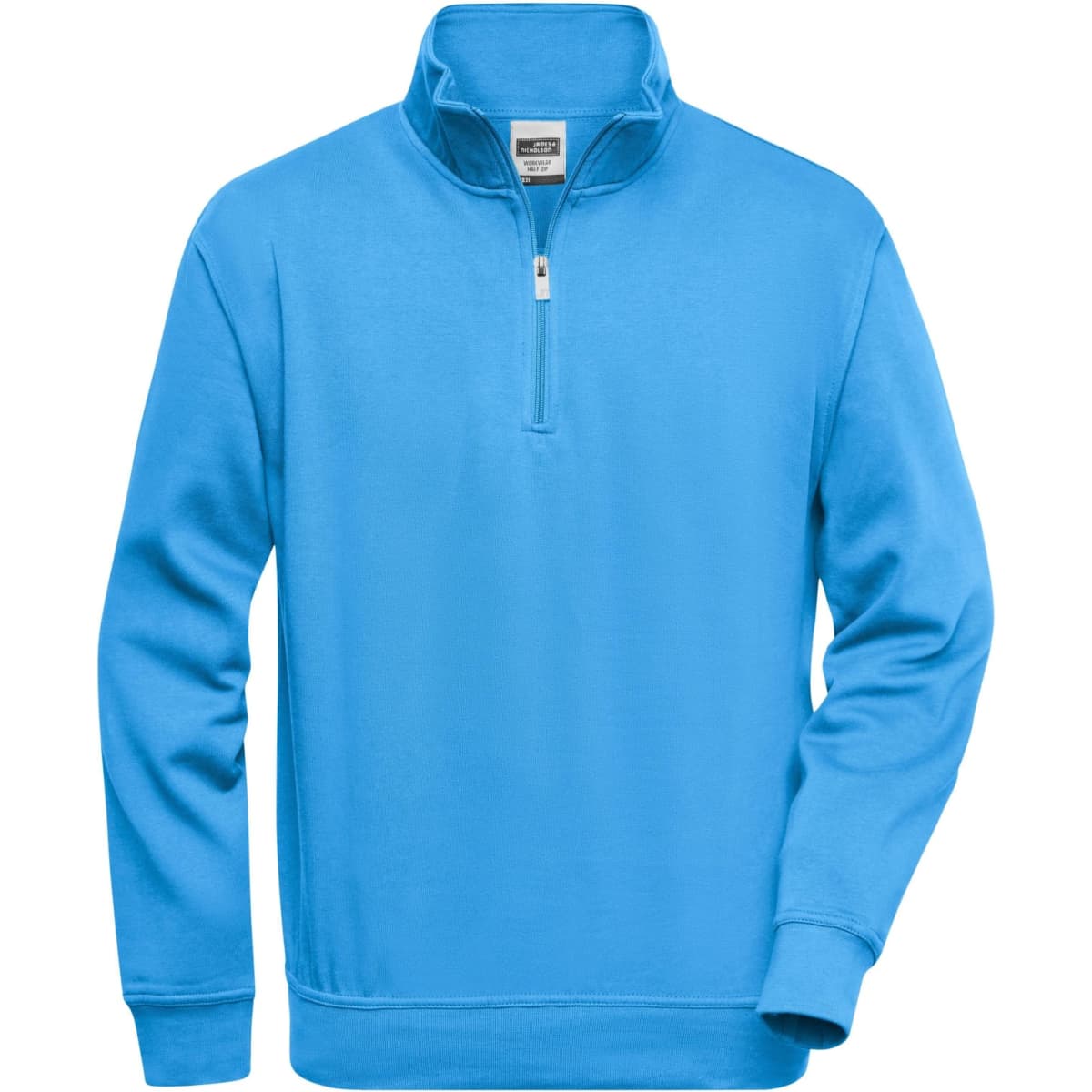 A blue half zip sweat jumper with a collar and long sleeves, featuring a logo on the chest.
