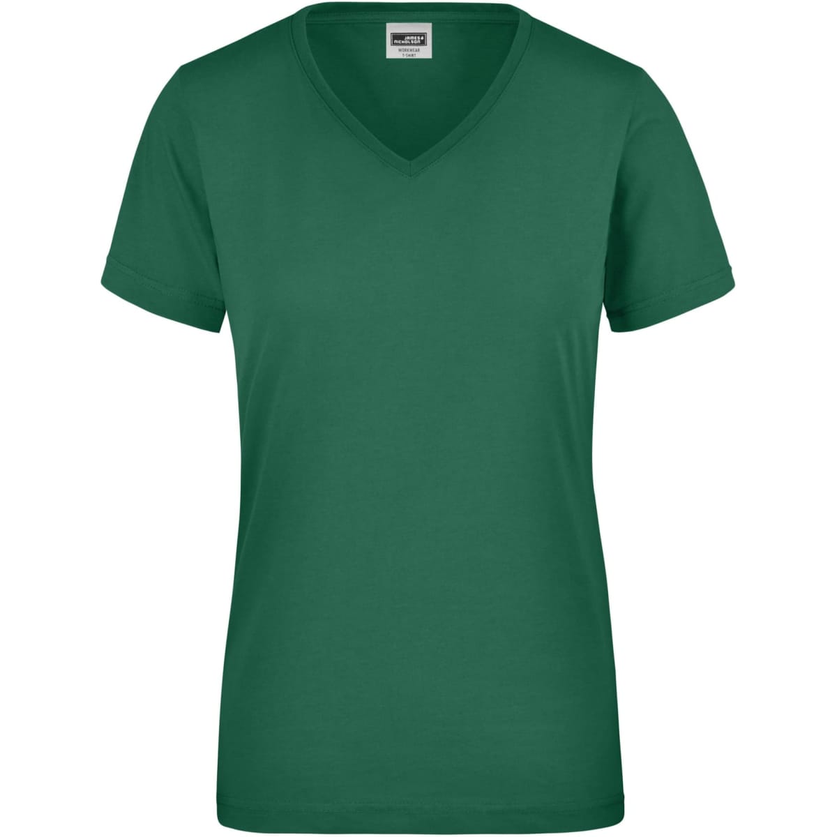 A green ladies' v-neck work t-shirt featuring short sleeves and a branded label.