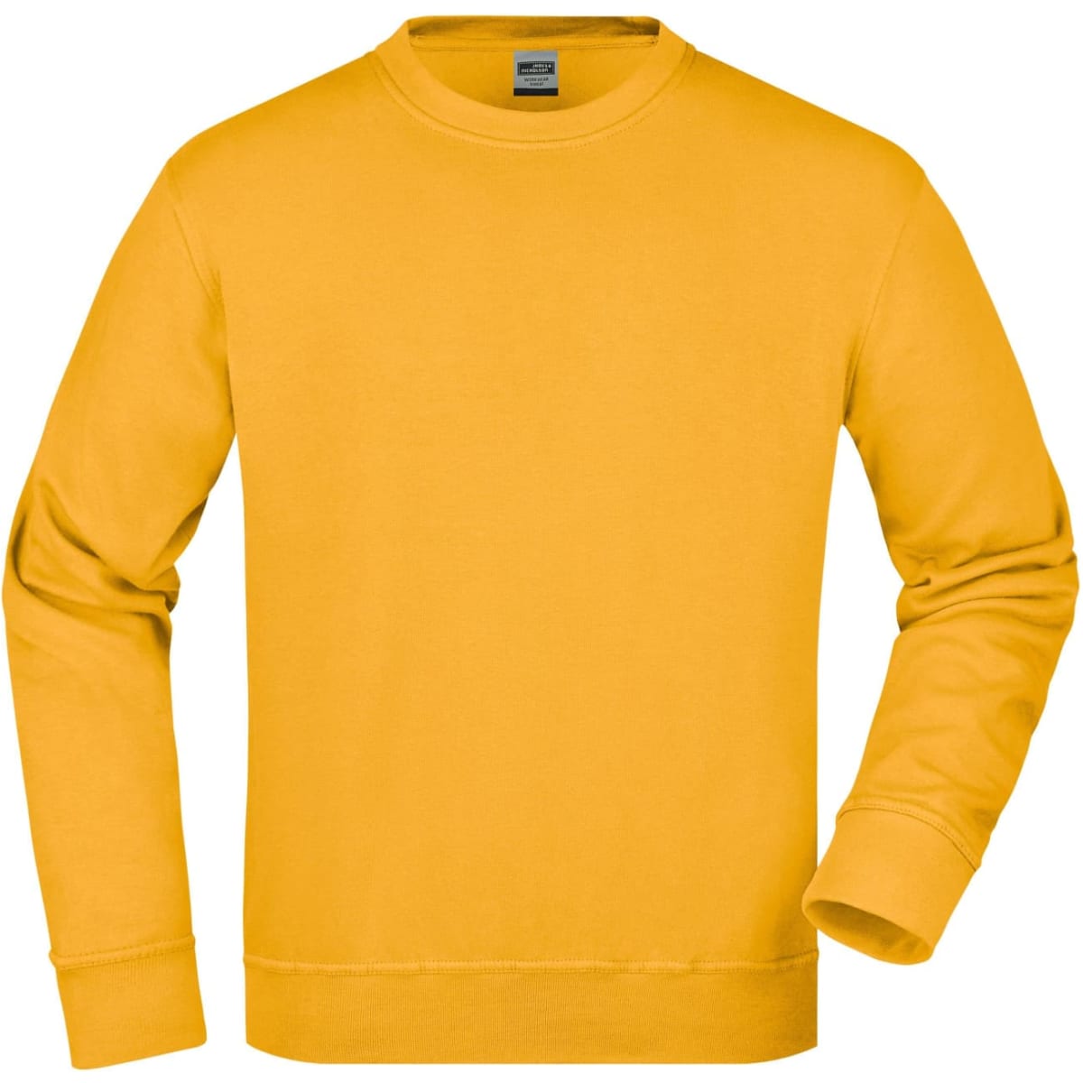 A yellow sweatshirt with long sleeves and a crew neck, featuring a logo on the front.