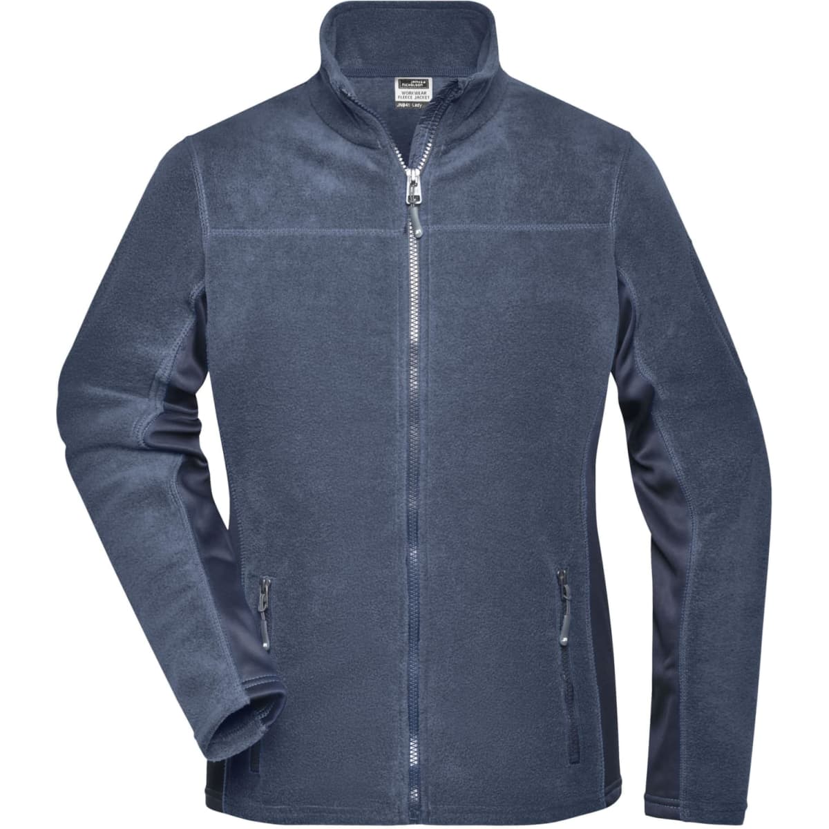 A navy fleece jacket with a full zip, two front pockets, and a collar. It features a logo on the chest.