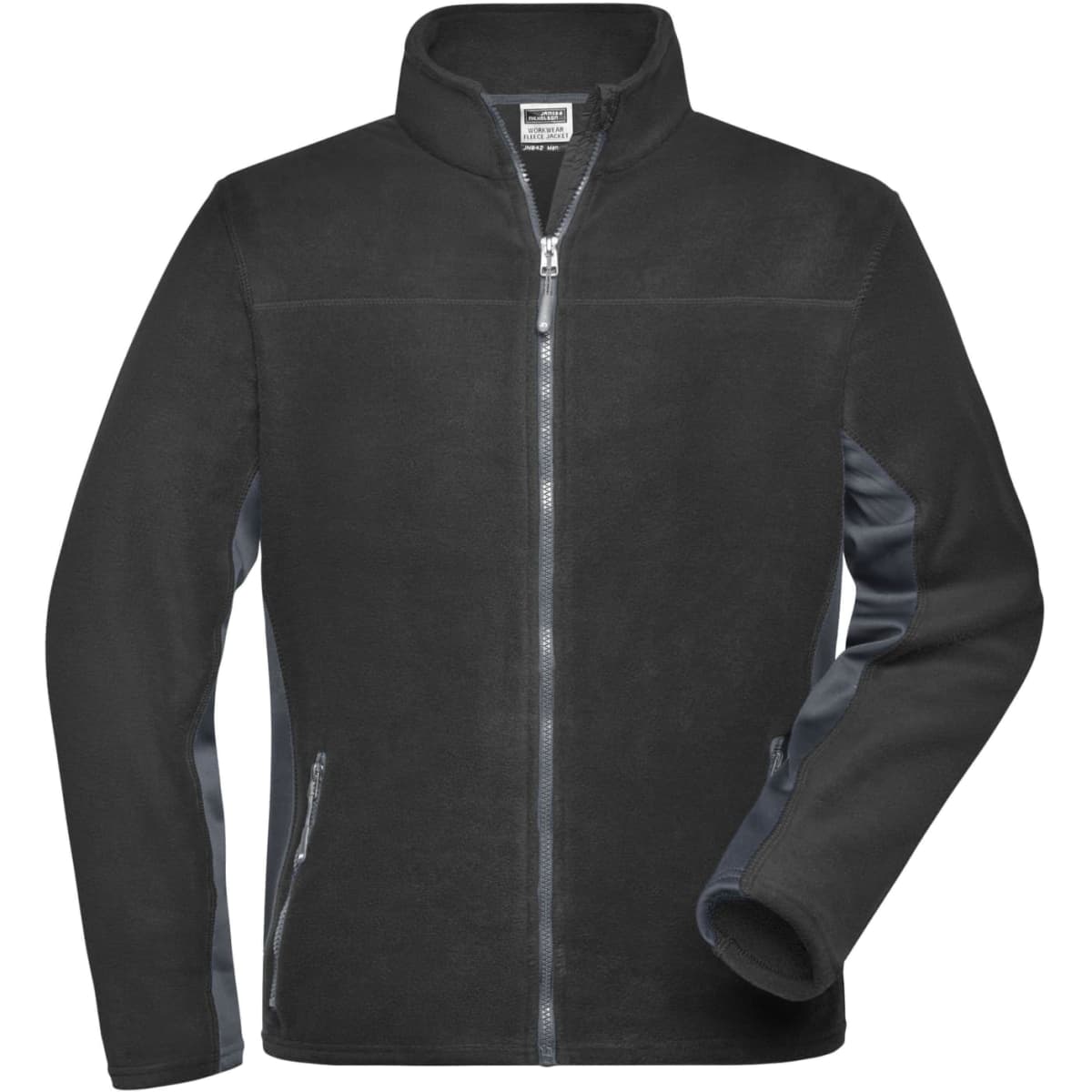 A men's workwear fleece jacket in black with contrasting dark grey side panels and a zippered front.