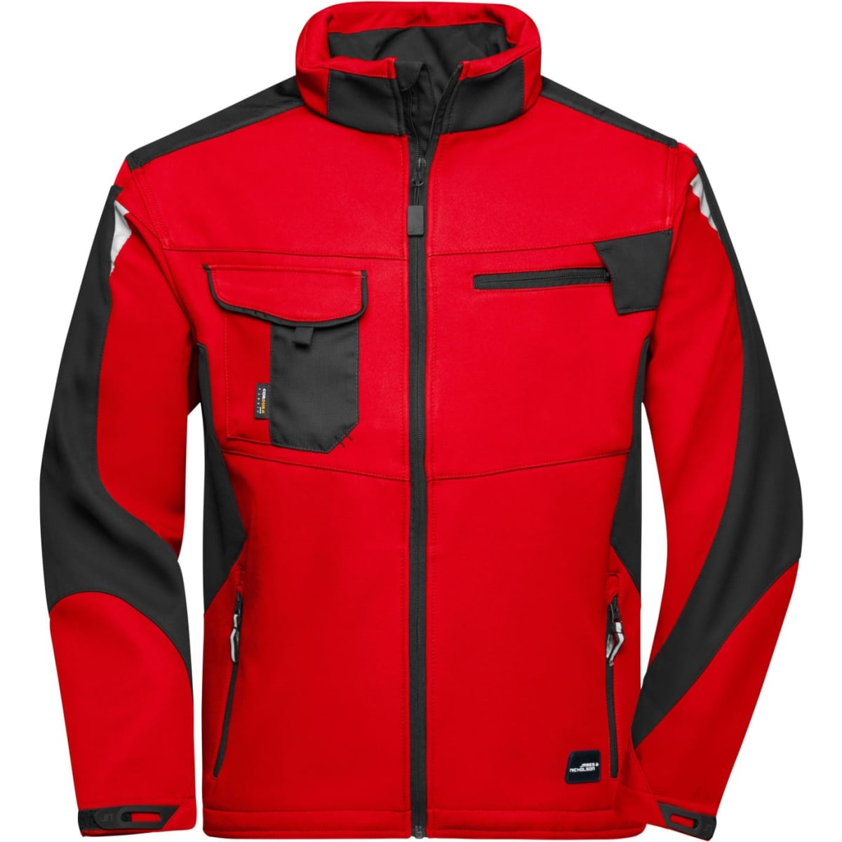 A vibrant red and black softshell jacket featuring multiple pockets and a zip closure, with a logo on it.
