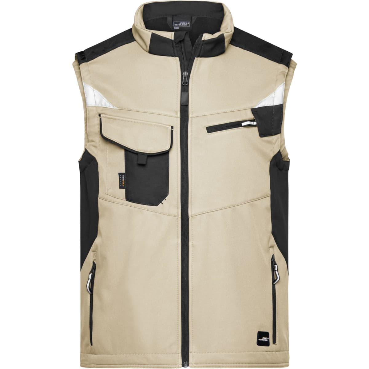A workwear softshell vest in tan and black, featuring multiple pockets and a logo.