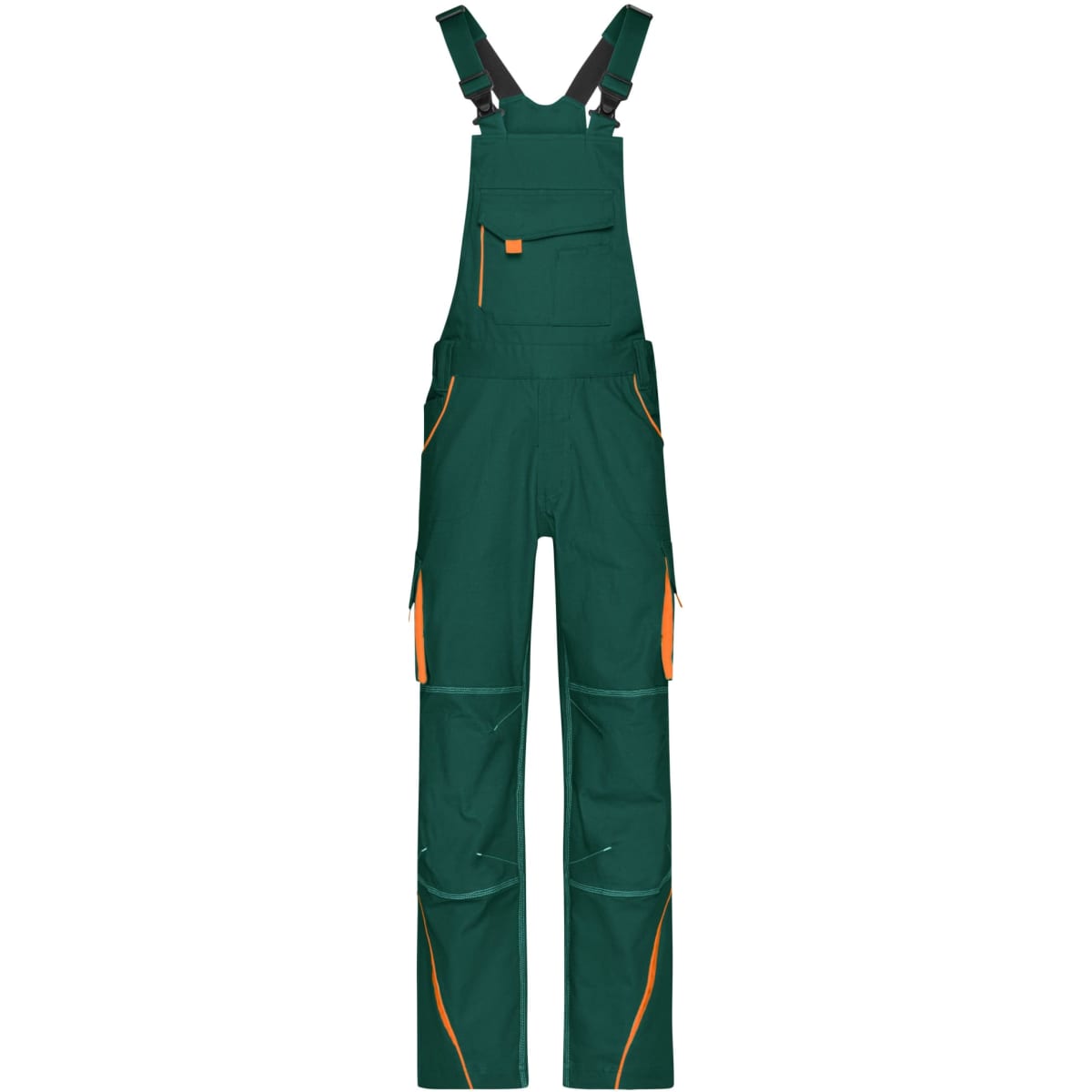 Workwear pants with bib in dark green featuring orange accents and multiple pockets. The product includes adjustable straps.
