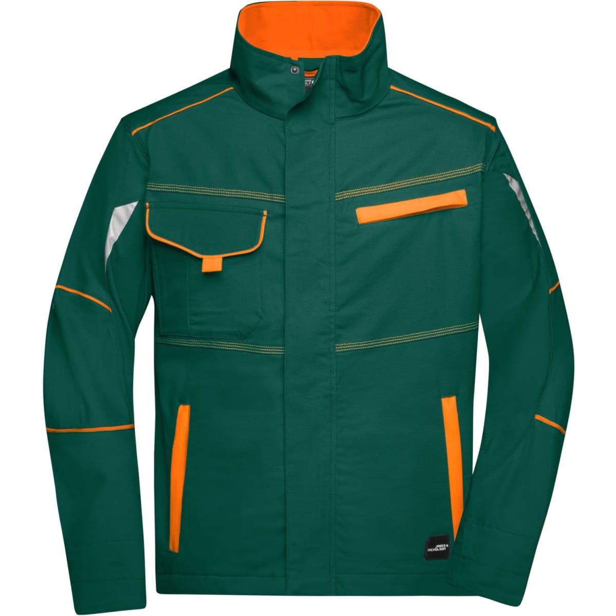 A green work jacket featuring orange accents, a high collar, and multiple pockets, including a chest pocket and side pockets.