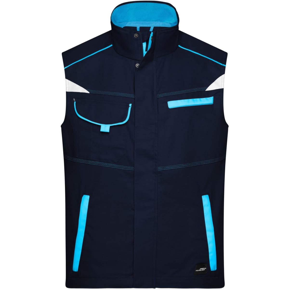 A navy blue work vest featuring turquoise accents, multiple pockets, and a logo on the lower corner.