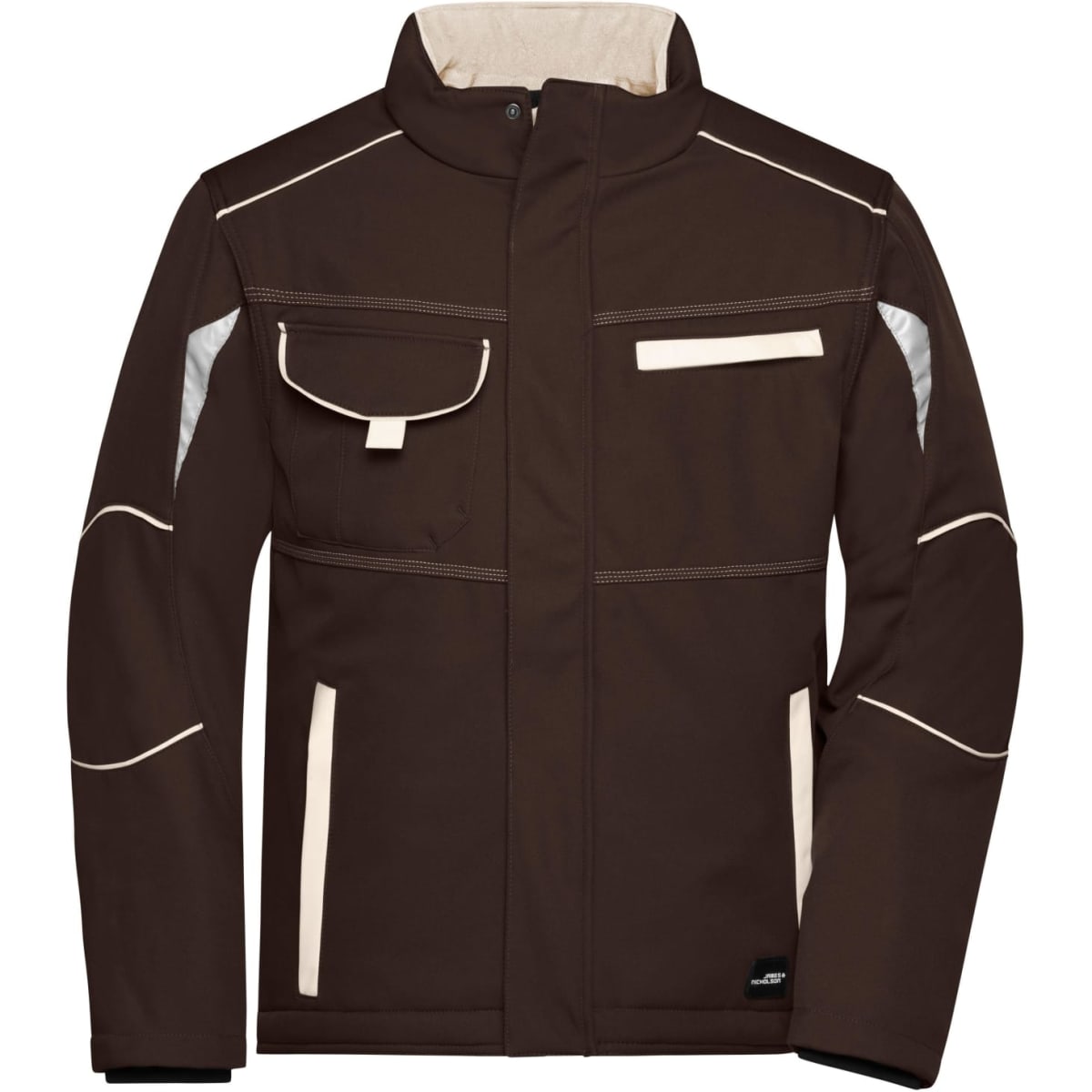 A brown softshell padded jacket with light-coloured accents and multiple pockets. It features a logo on the front.