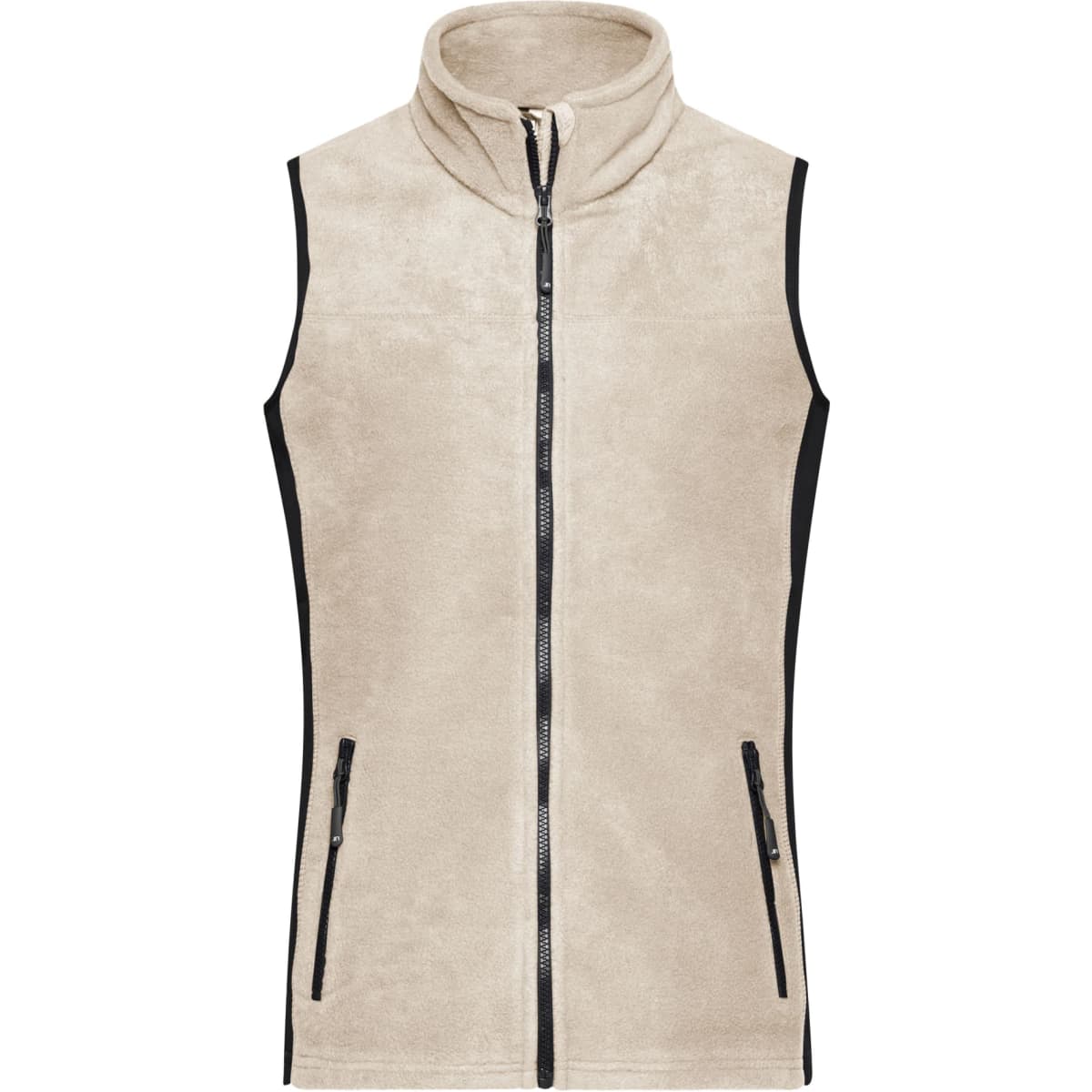 A beige fleece vest with a high collar, zip front, and black side panels. It has two zippered pockets.