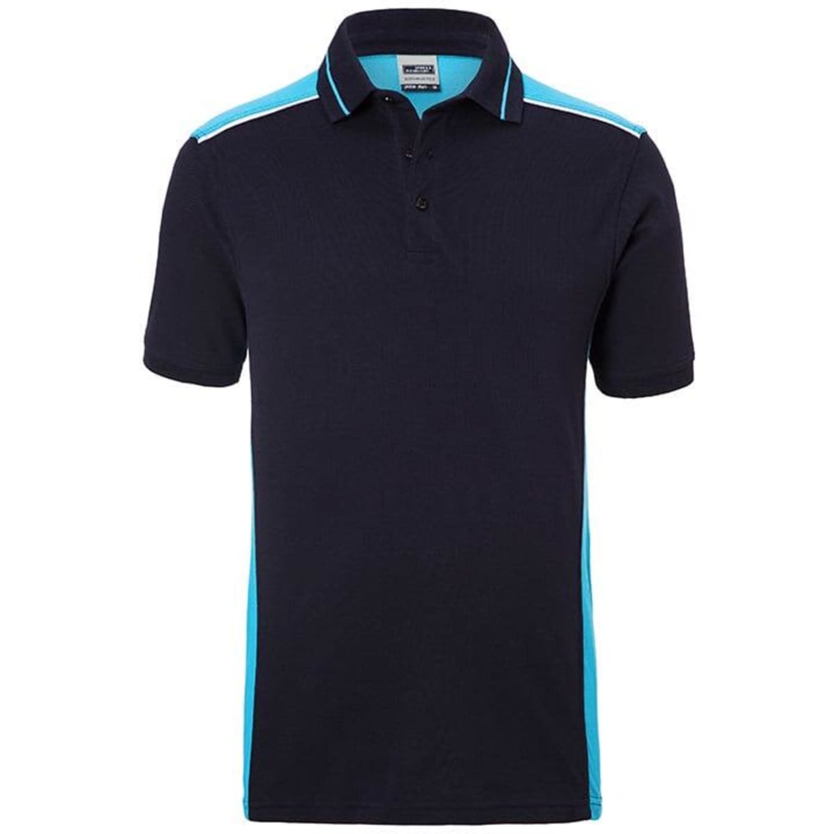 A navy blue polo shirt with light blue accents and a logo on the chest. Short sleeves and a classic collar design.