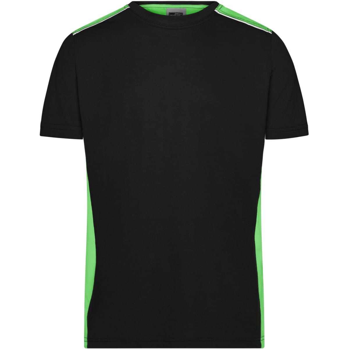 A black men's workwear T-shirt with green accents on the shoulders and sides. Features a logo.