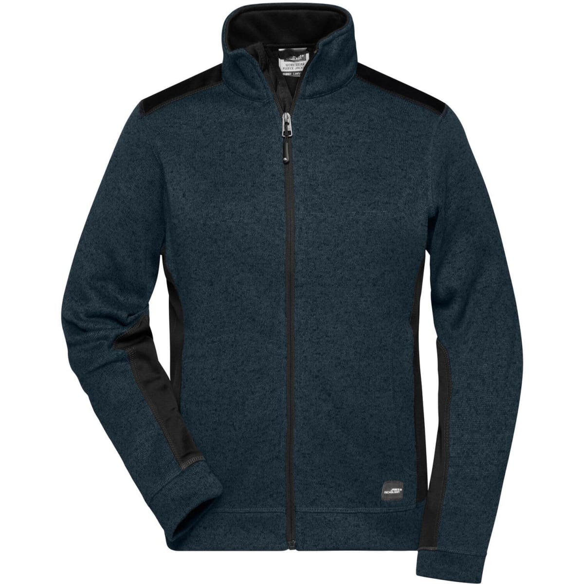A dark teal knitted workwear fleece jacket with black accents and a zip front, featuring a logo on the side.