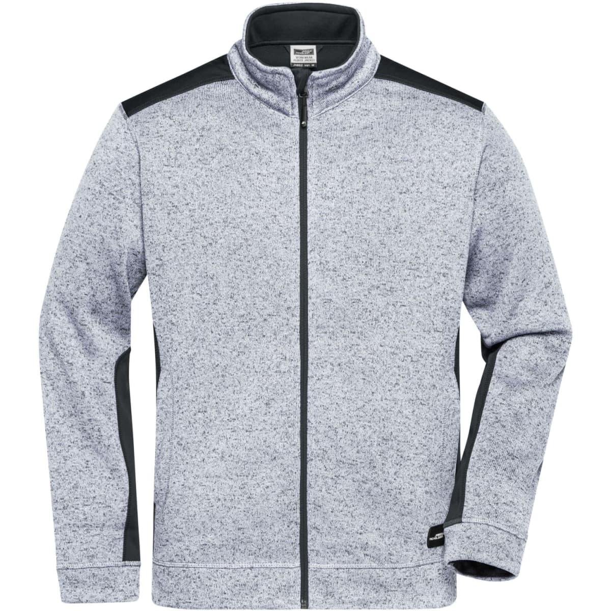 A grey knitted fleece jacket with black accents and a zip-up front. Features a logo on the side.